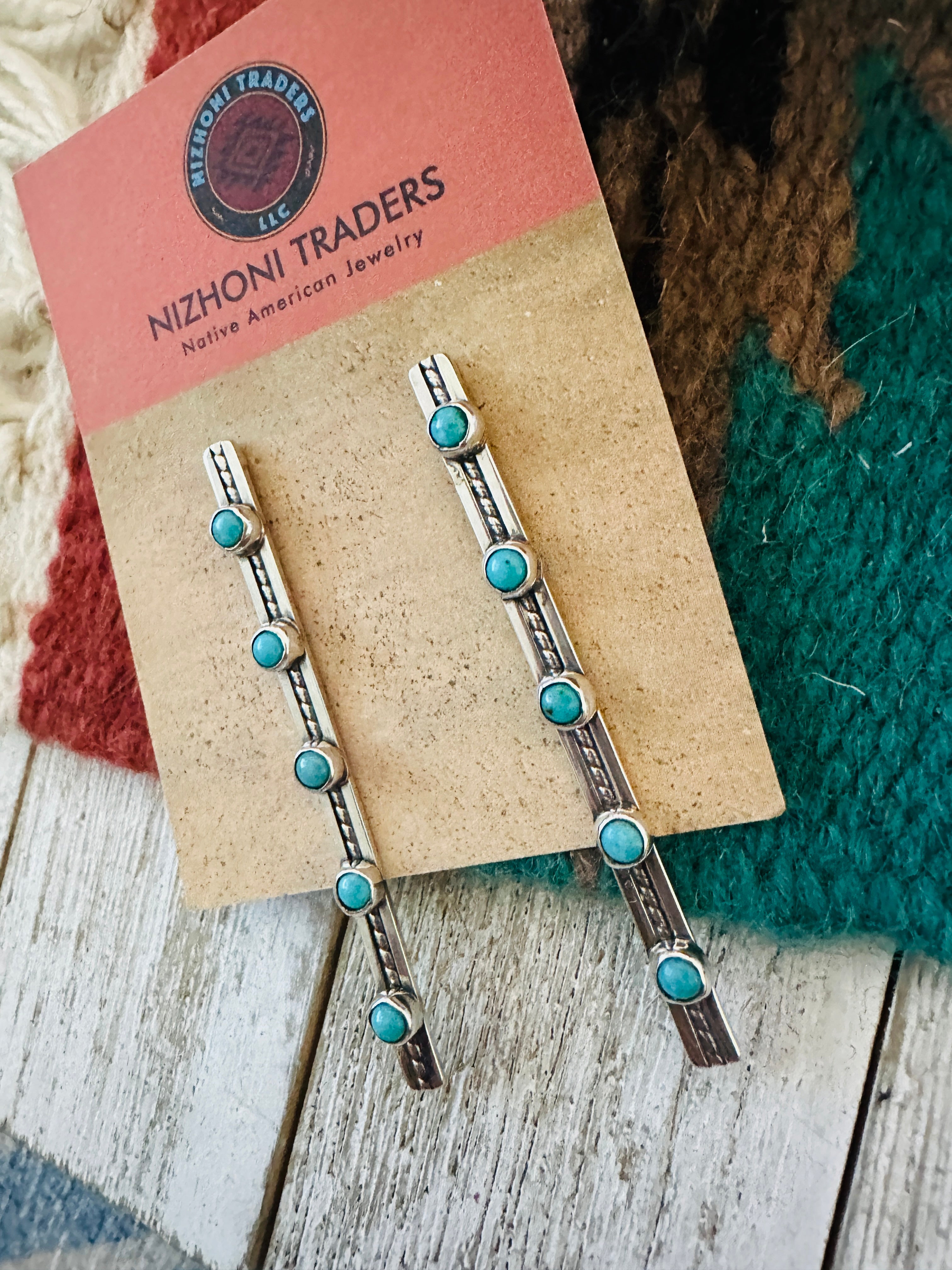 Handcrafted Turquoise & Sterling Silver Five Stone Drop Dangle Earrings