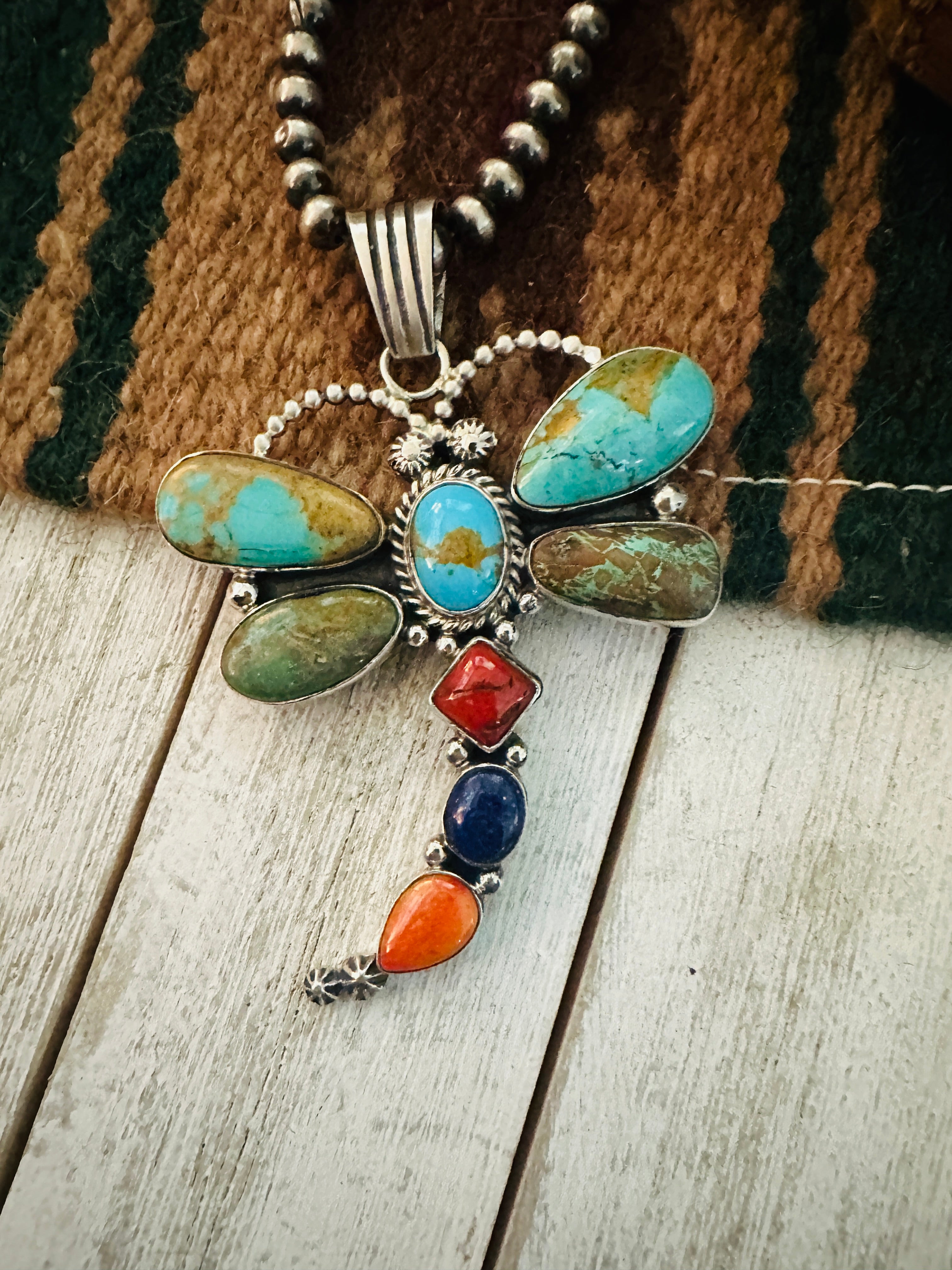 Navajo Multi Stone & Sterling Silver Dragonfly Pendant