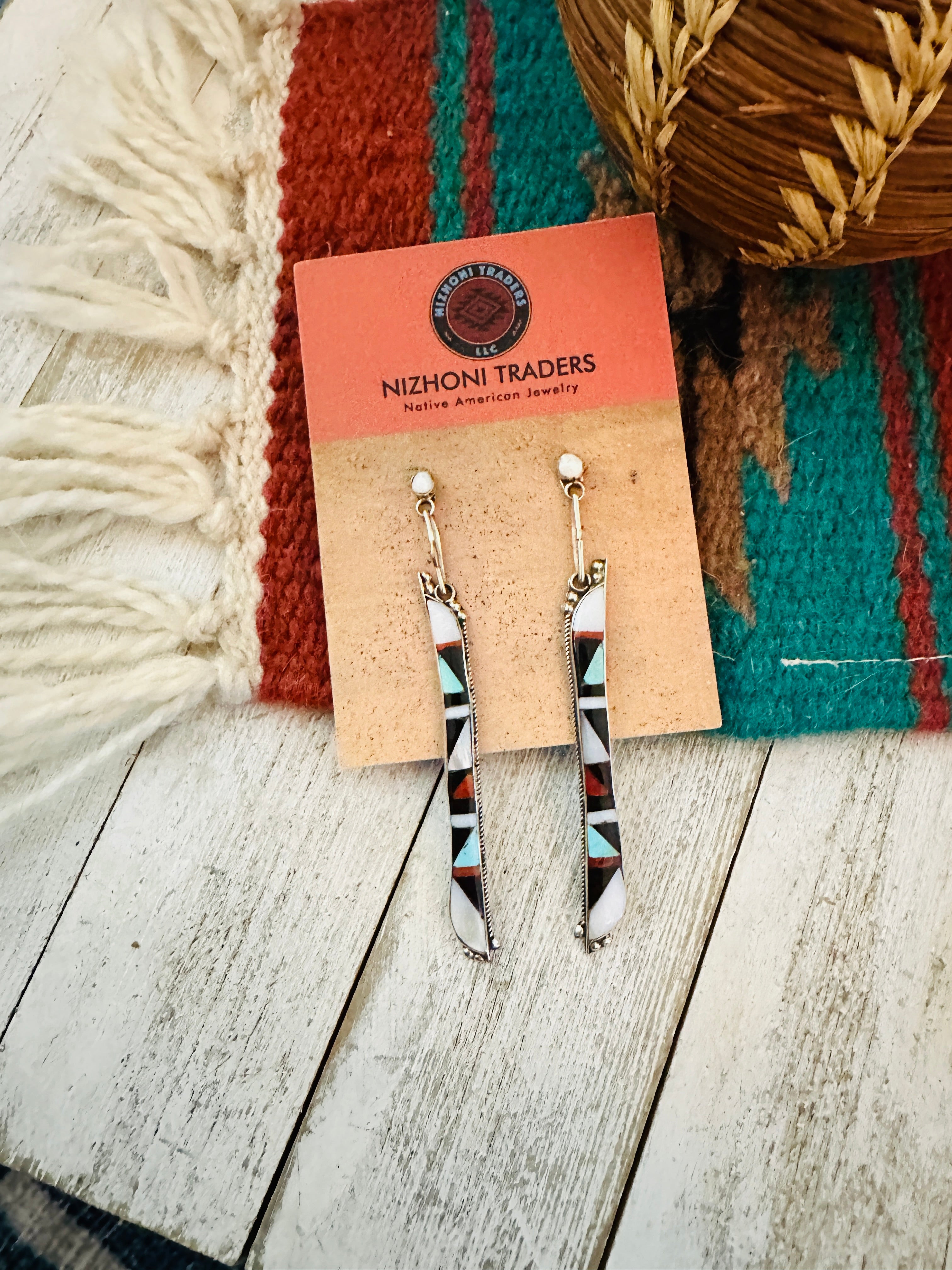 Zuni Multi Stone & Sterling Silver Inlay Dangle Earrings