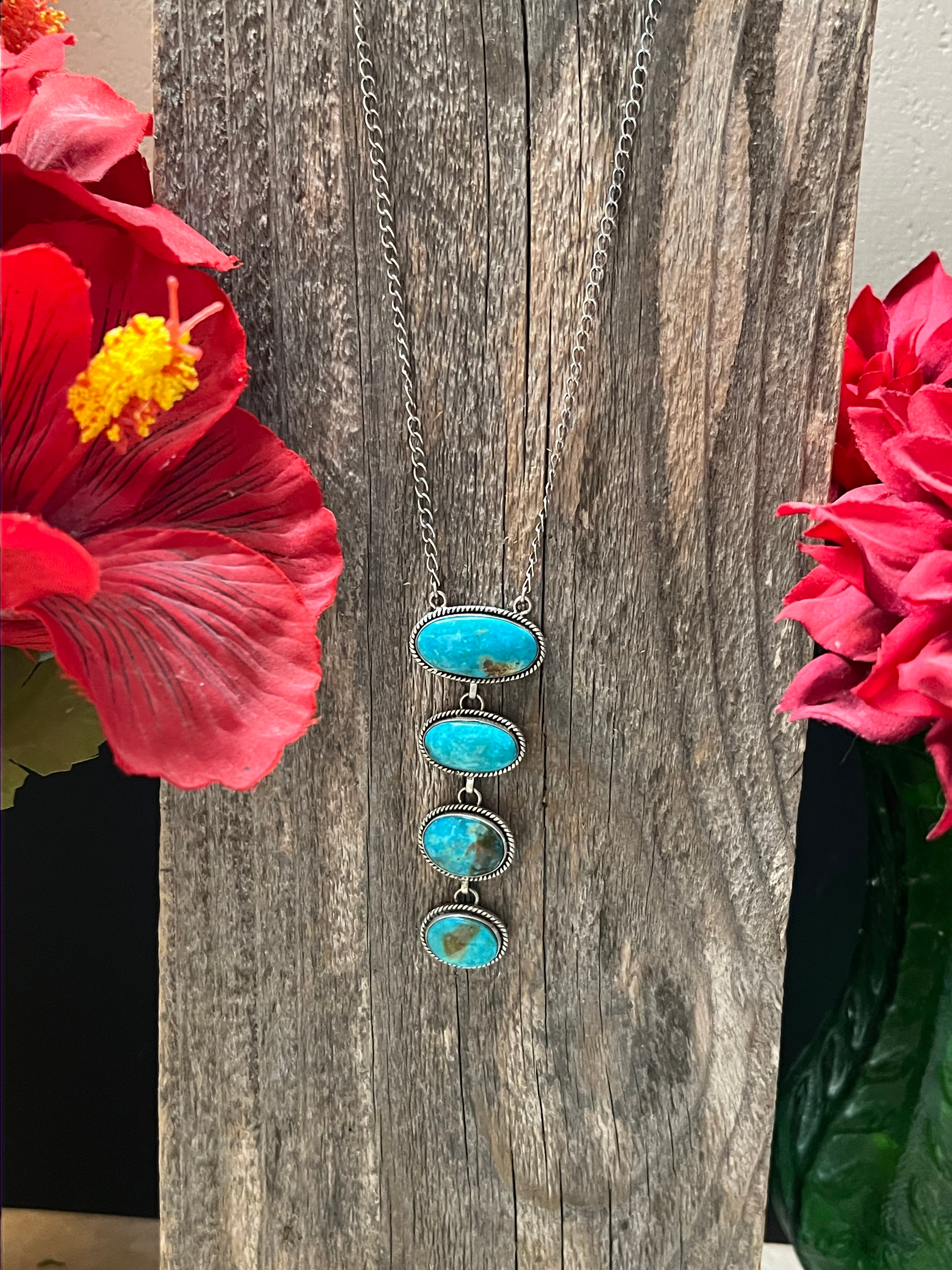 Handmade 4 Stone Turquoise & Sterling Silver Drop Necklace (01)