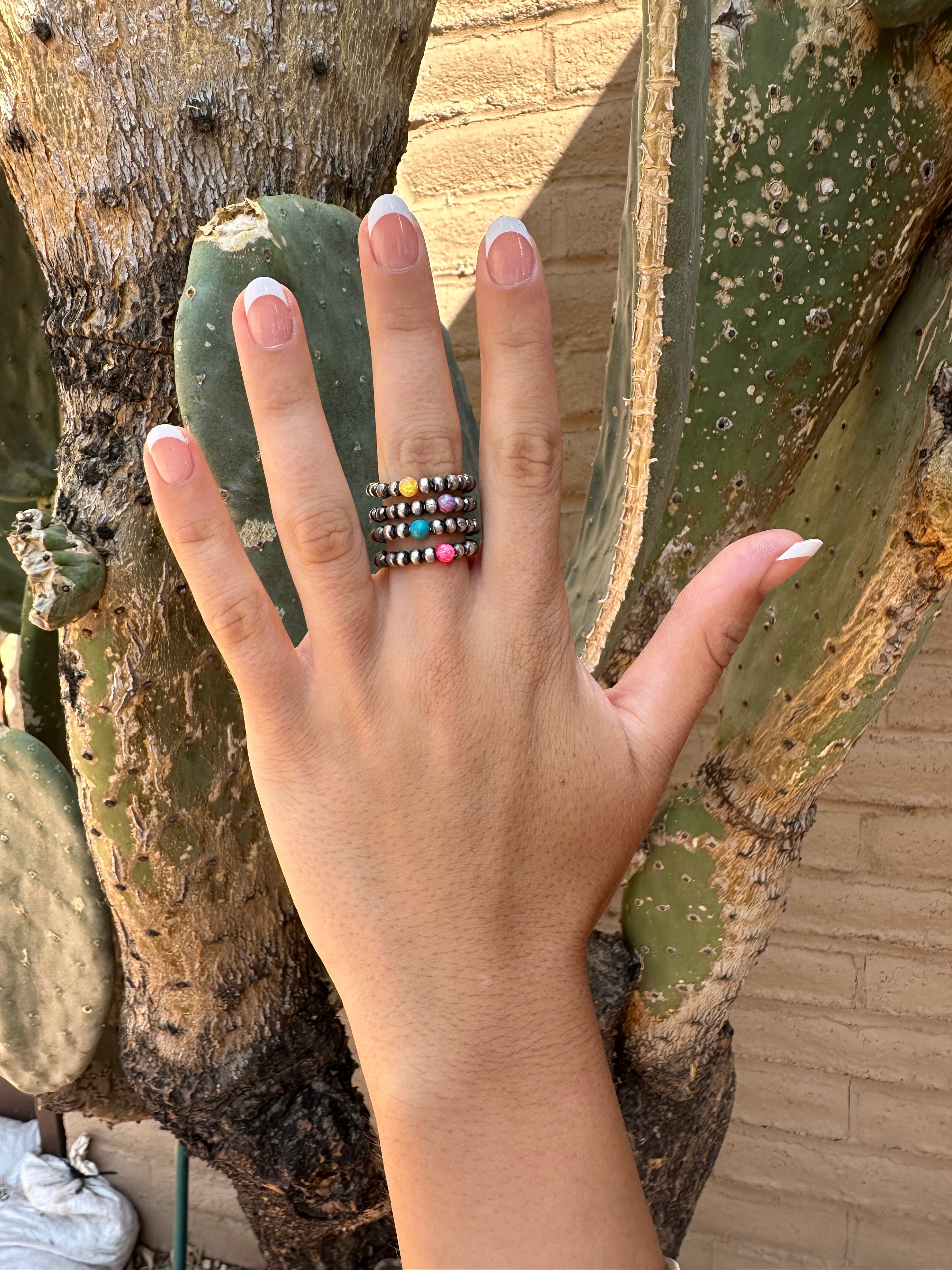 アクセサリー Vintage Silver Beaded Multi-Band Ring THE VENICE BAND Handmade Sterling Silver Pearl Style Beaded Stretch Ri