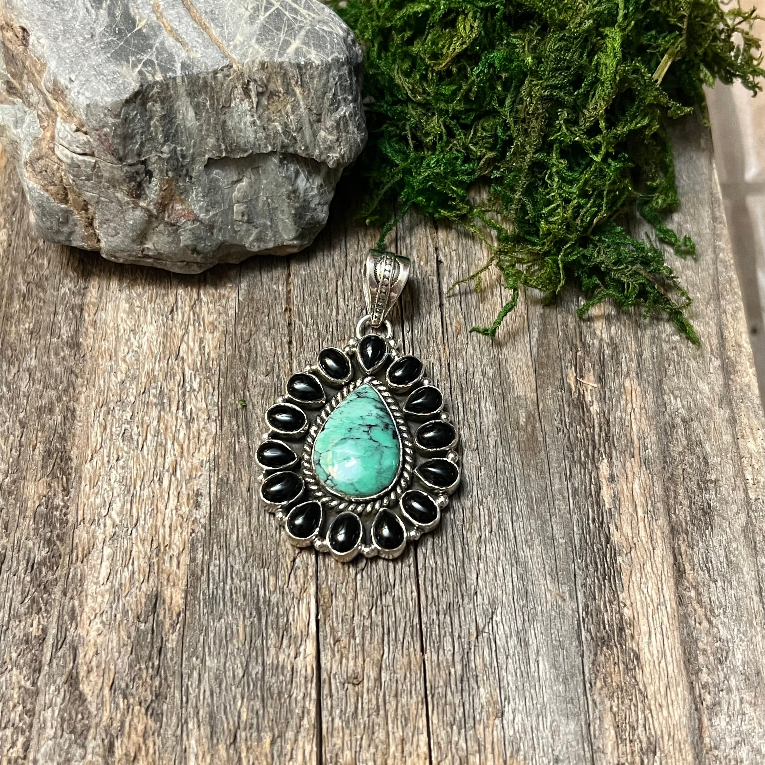 Handmade Black Onyx & Turquoise Tear Drop Sterling Silver Pendant