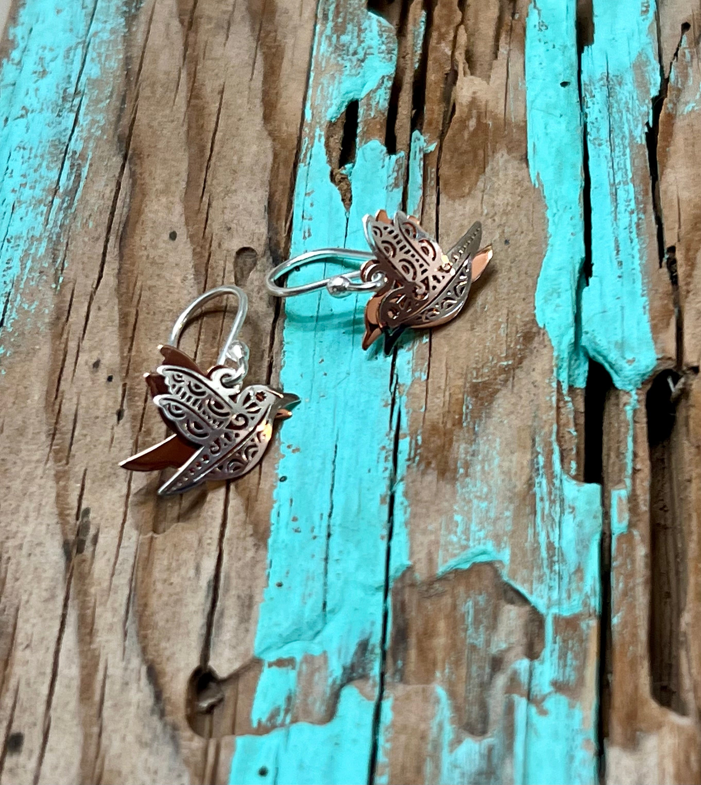 Silver & Copper Two-Piece Hummingbird Earrings on Hook