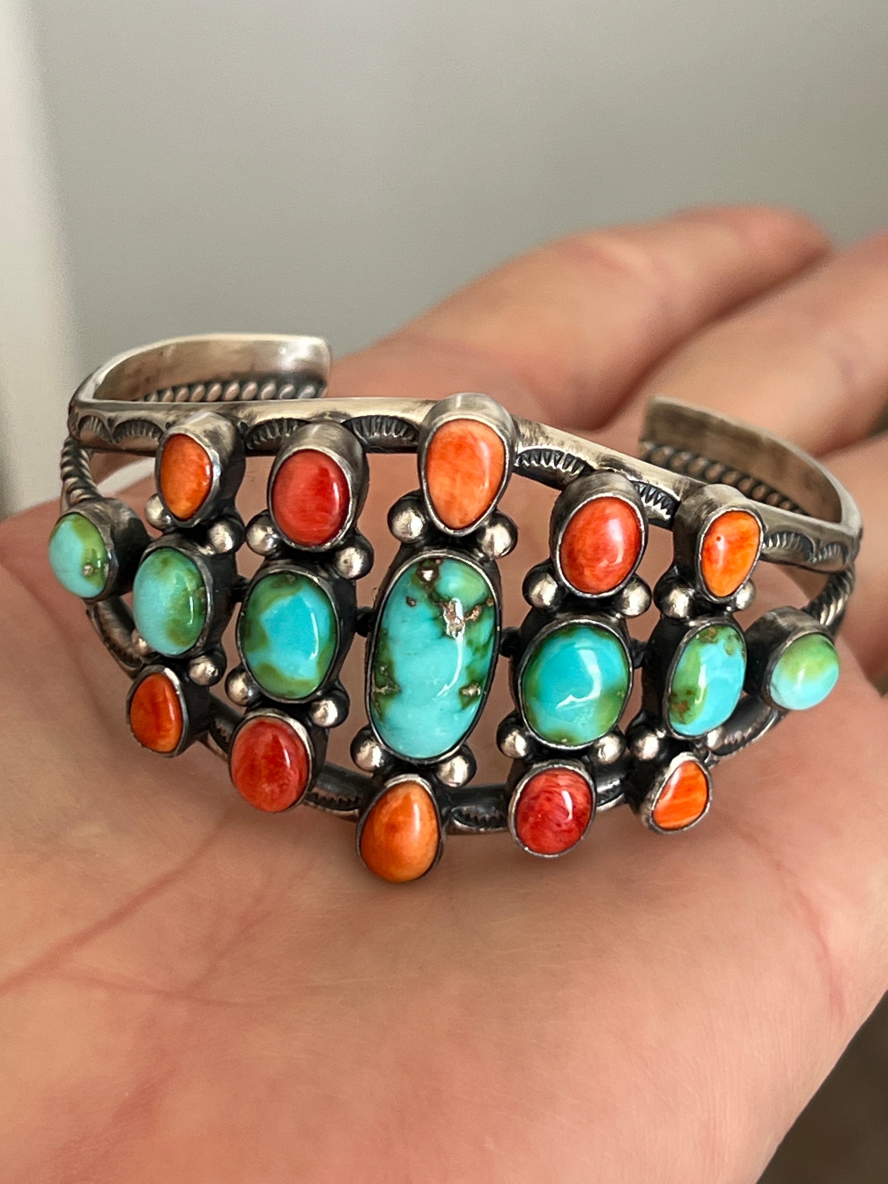 Hand Stamped Sterling Silver, Sonoran Turquoise and Spiny Oyster Shell Cluster Cuff Bracelet by Diane Wylie /