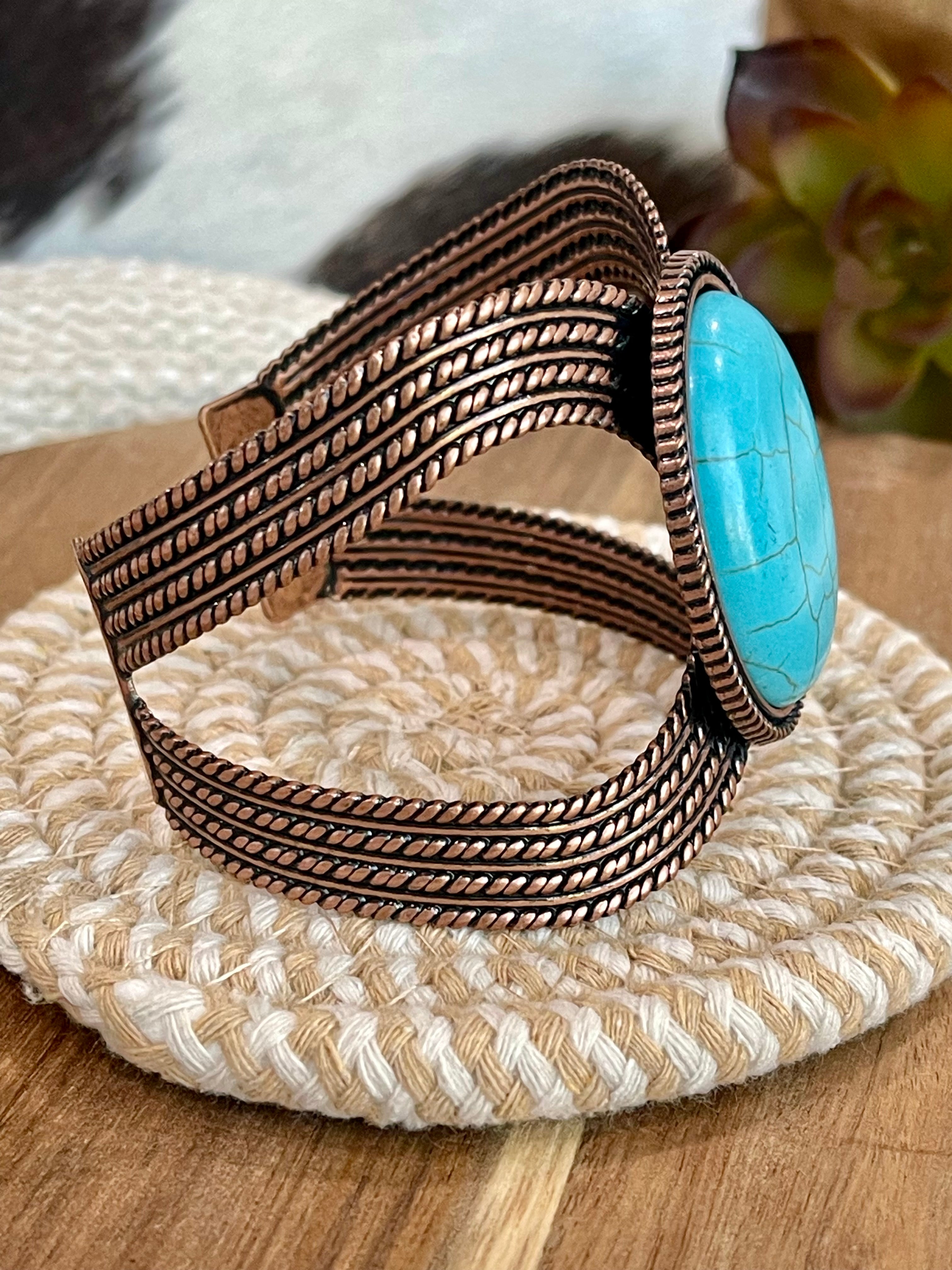 Vintage Handmade Copper & Faux Turquoise Cuff