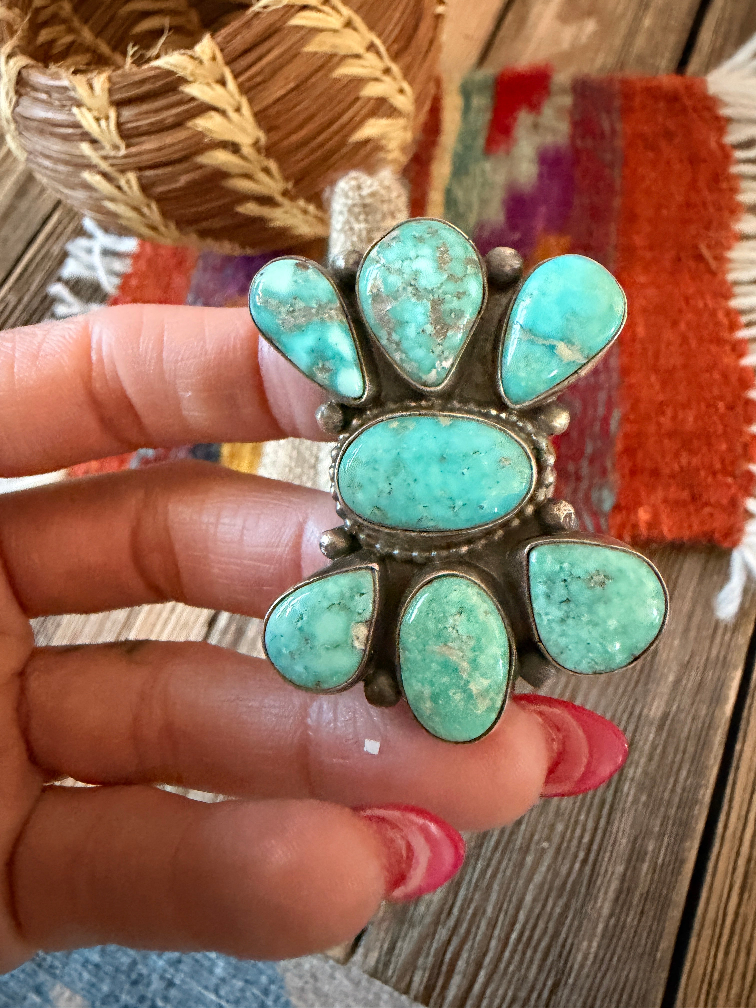Handcrafted Turquoise & Sterling Silver Cluster Ring Size 10 by Sheila Becenti