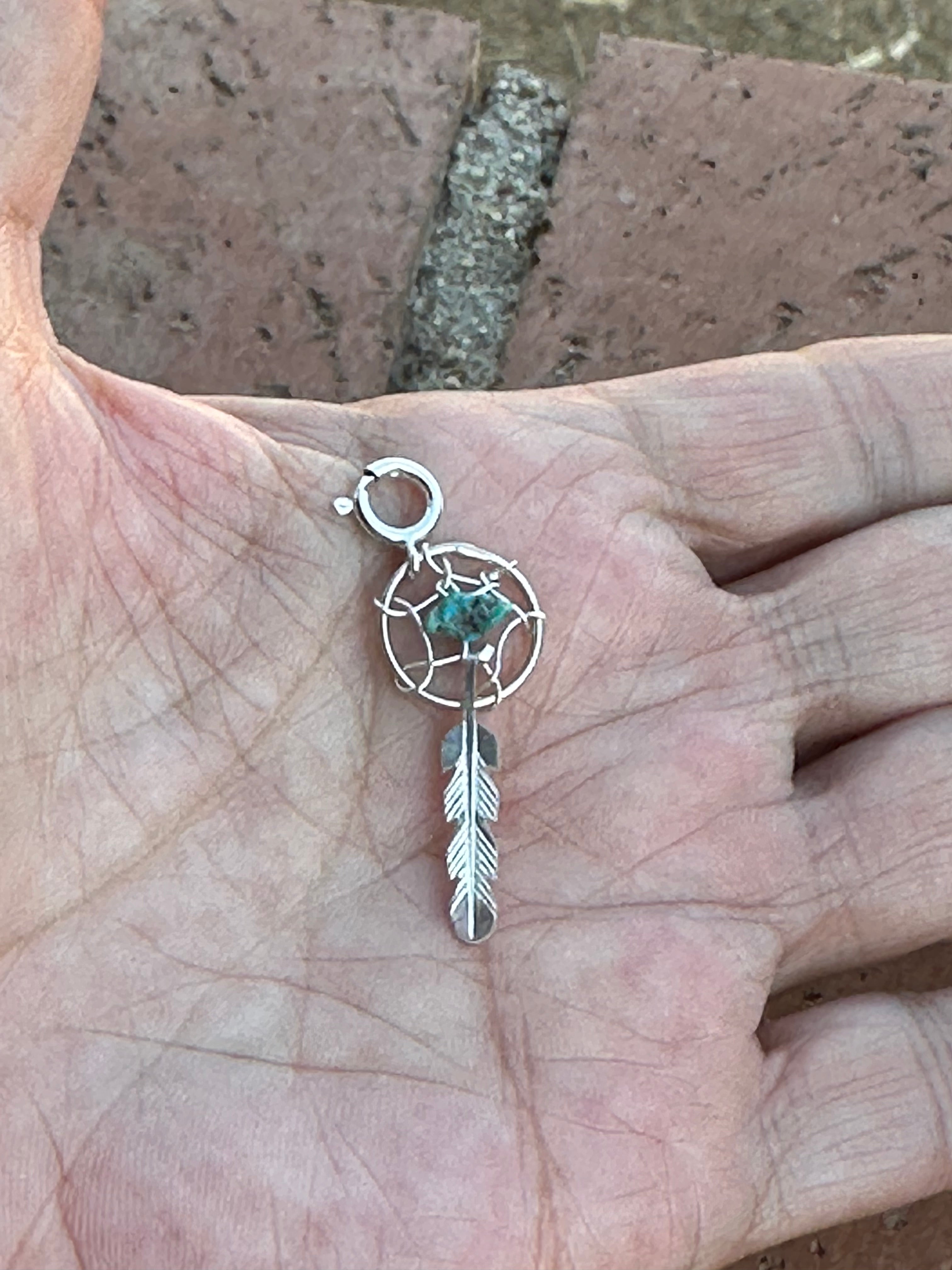 Navajo Crafted Sterling Silver Turquoise Dream Catcher  Charm