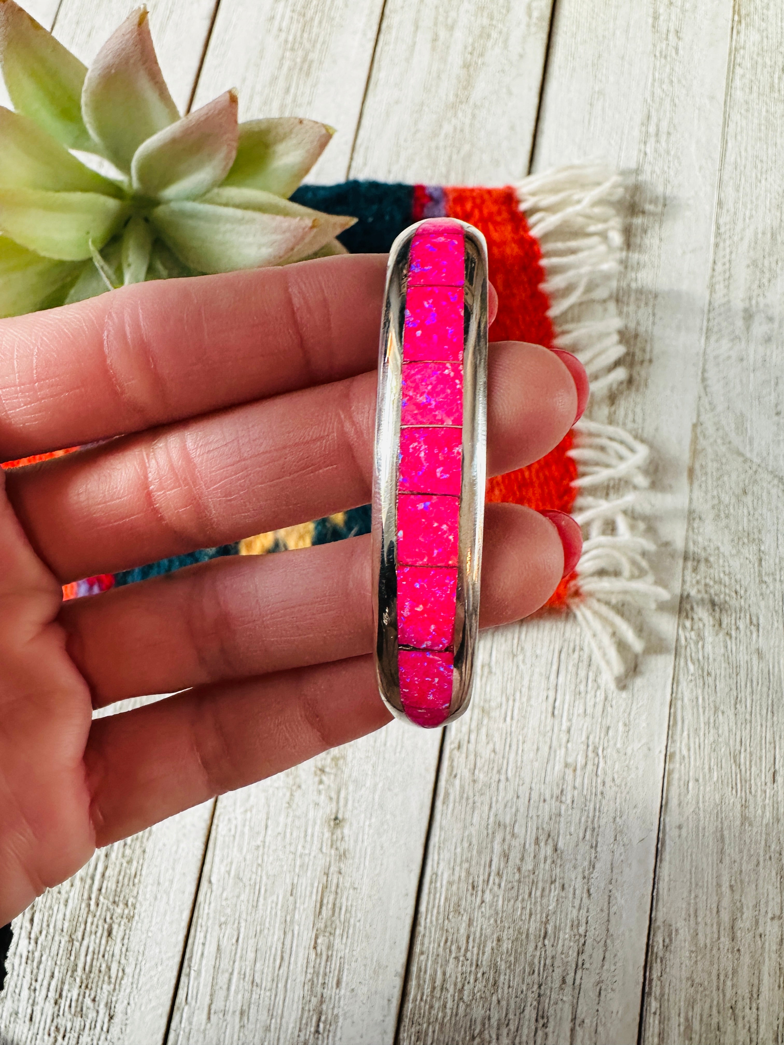 Navajo Sterling Silver & Hot Pink Opal Inlay Cuff Bracelet