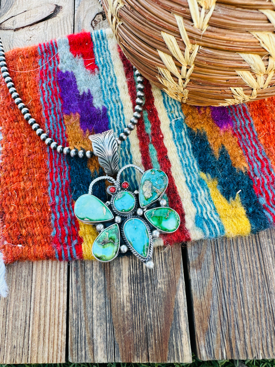 Handcrafted Sterling Silver, Turquoise & Coral Dragonfly Pendant by Emer Thompson