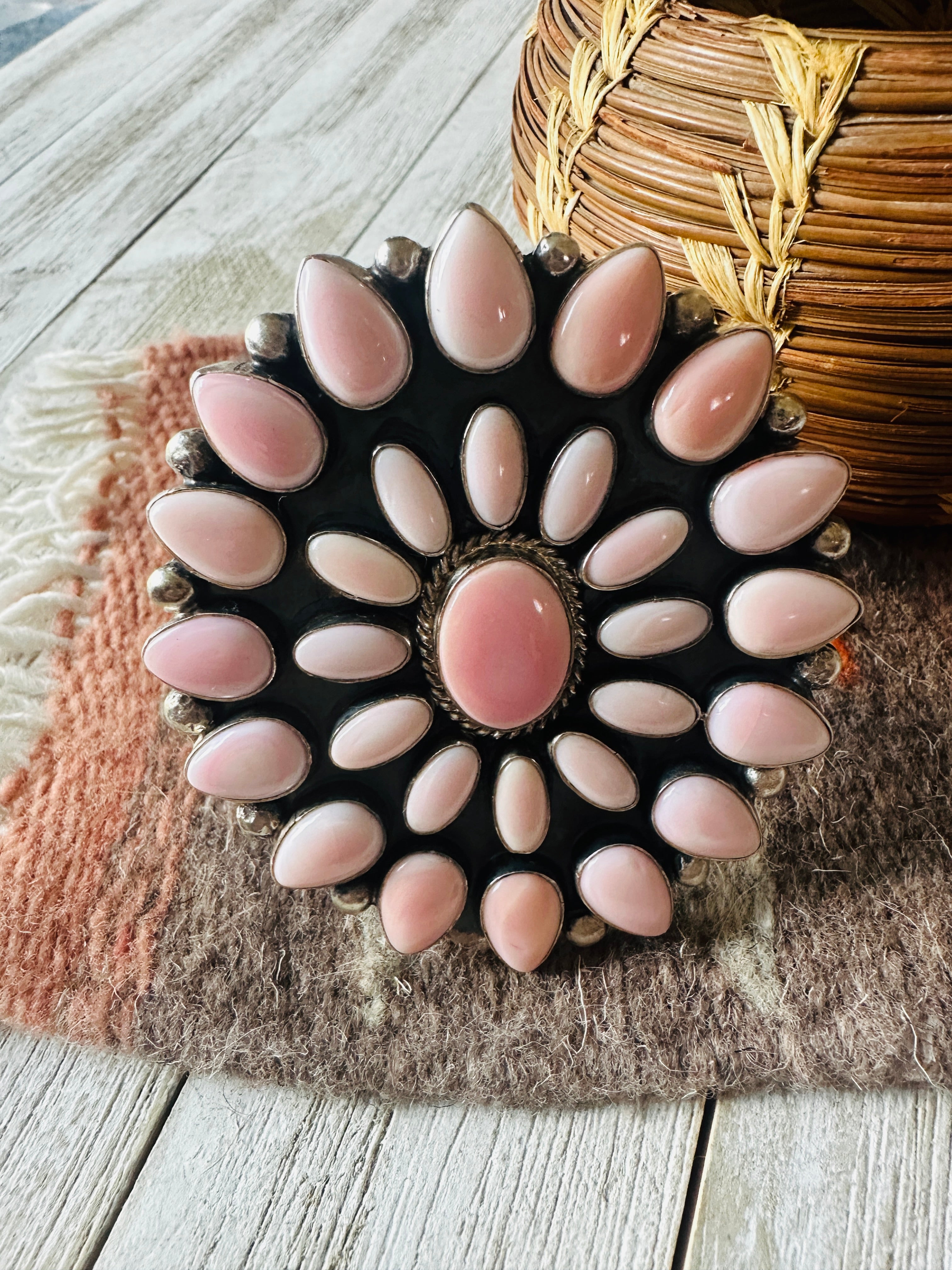 Navajo Queen Pink Conch Shell & Sterling Silver Cluster Cuff Bracelet