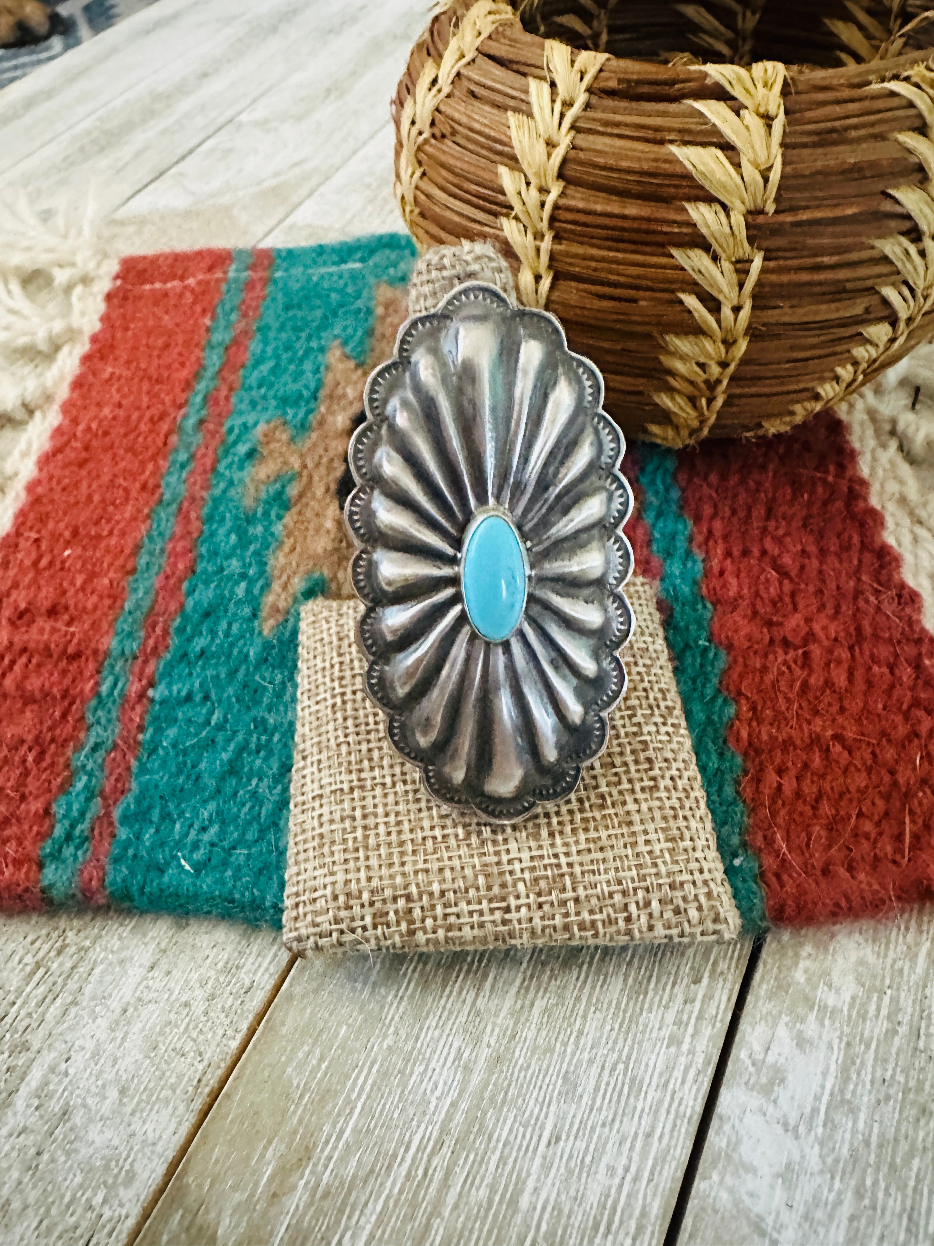 Handcrafted Turquoise & Sterling Silver Concho Ring Size 8.5