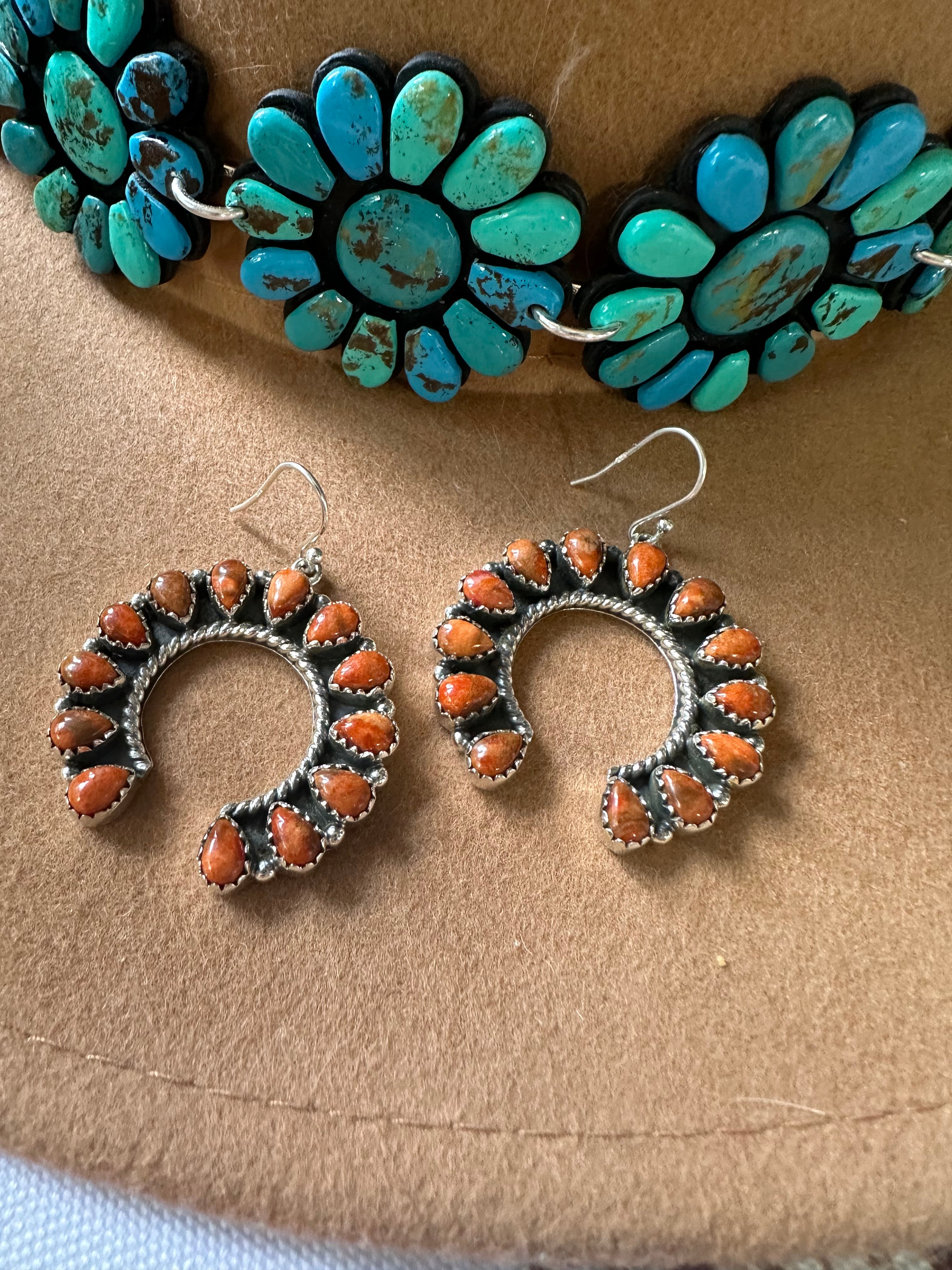 Handmade Orange Mojave & Sterling Silver Naja Style Dangle Earrings Signed Nizhoni