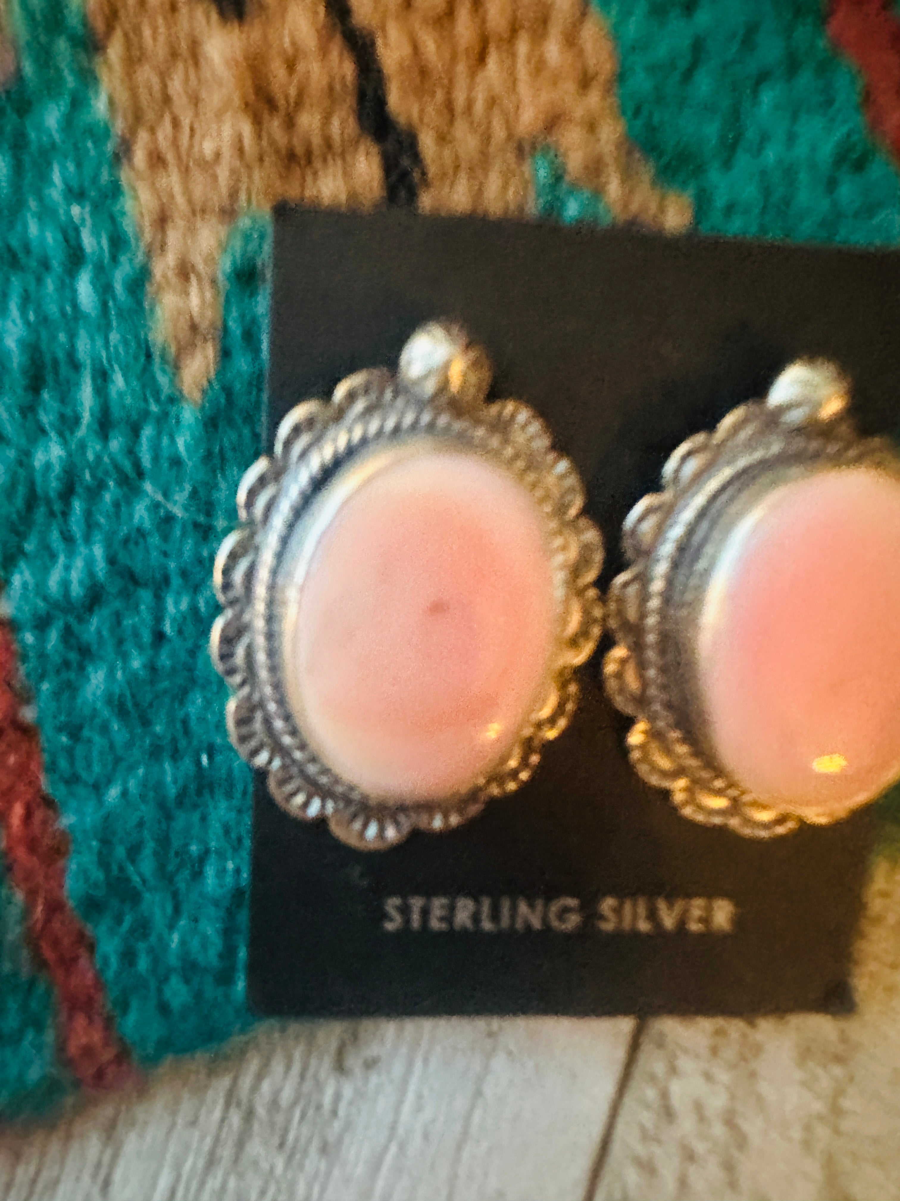 Navajo Sterling Silver & Queen Pink Conch Shell Post Earrings Signed