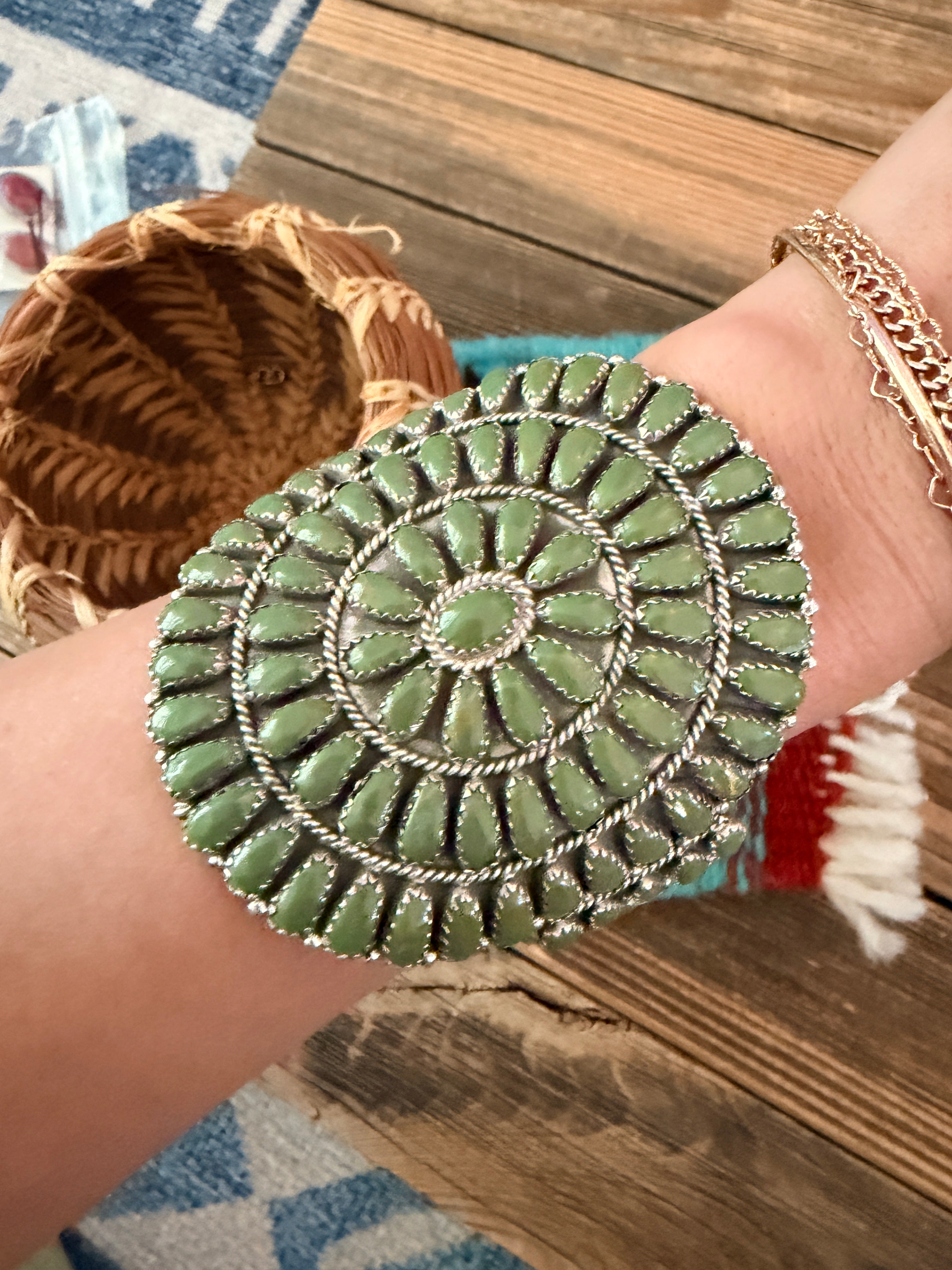Handcrafted Sterling Silver & Green Turquoise Cluster Cuff Bracelet by Larry Moses Begay