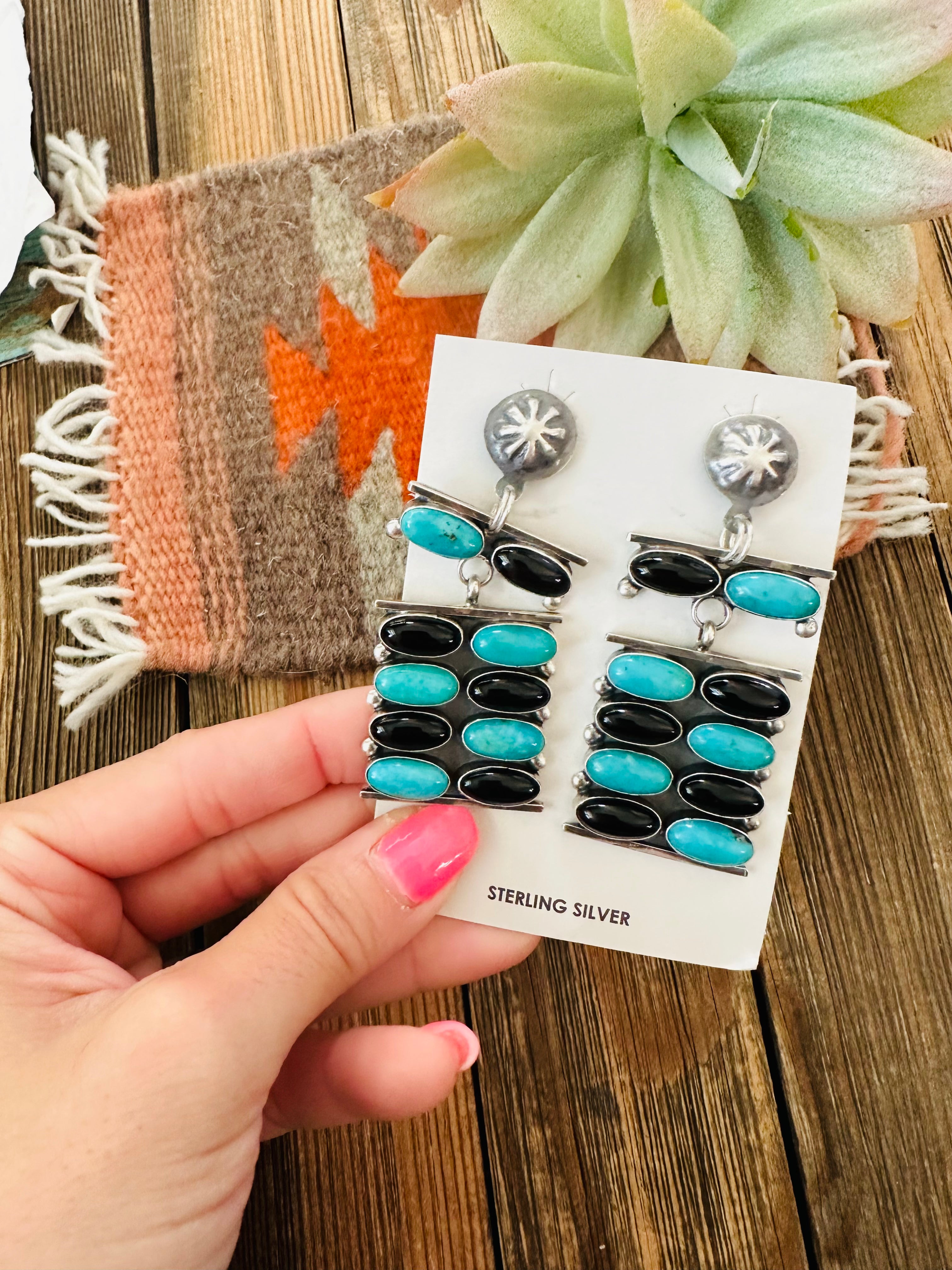 Navajo Turquoise, Onyx & Sterling Silver Dangle Earrings