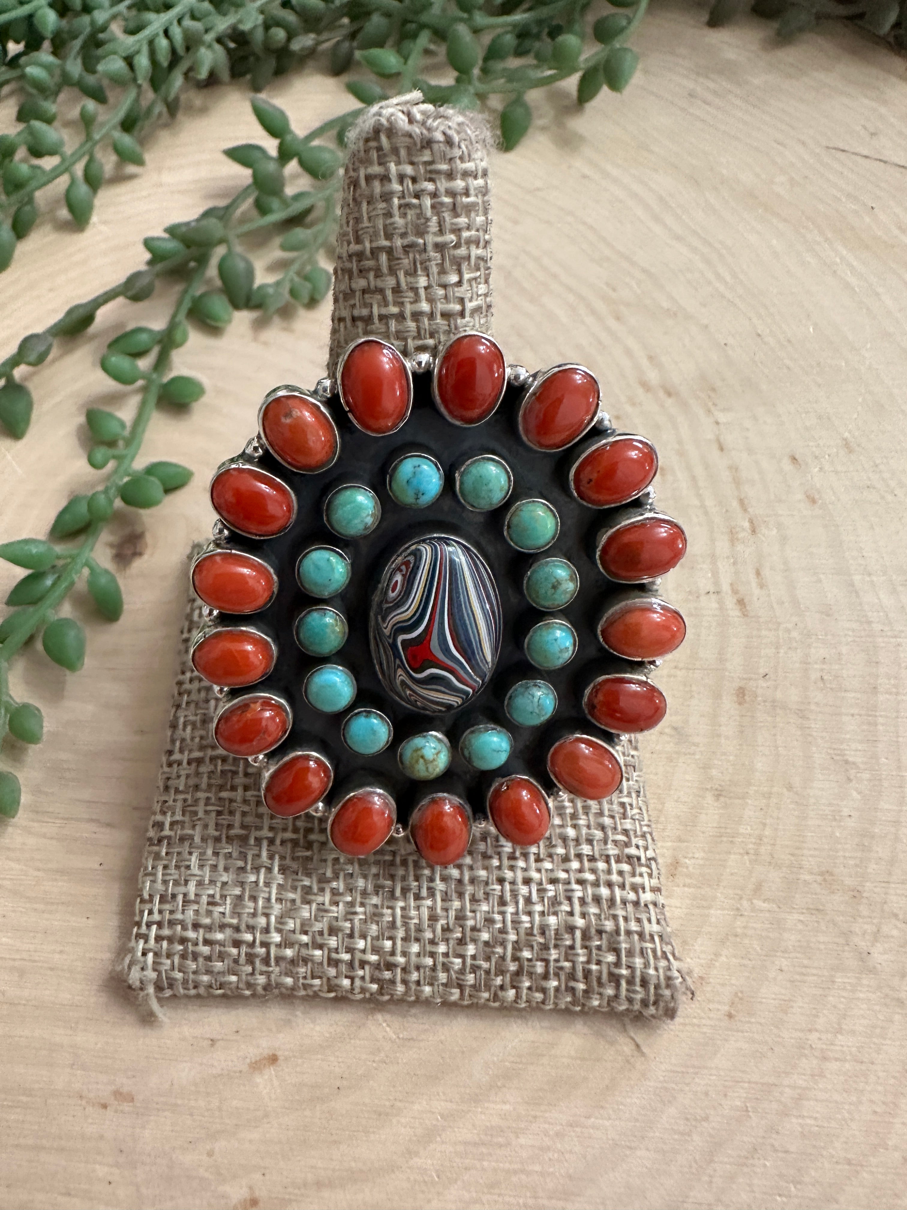 Beautiful Handmade Turquoise, Coral, Fordite And Sterling Silver Adjustable Statement Ring