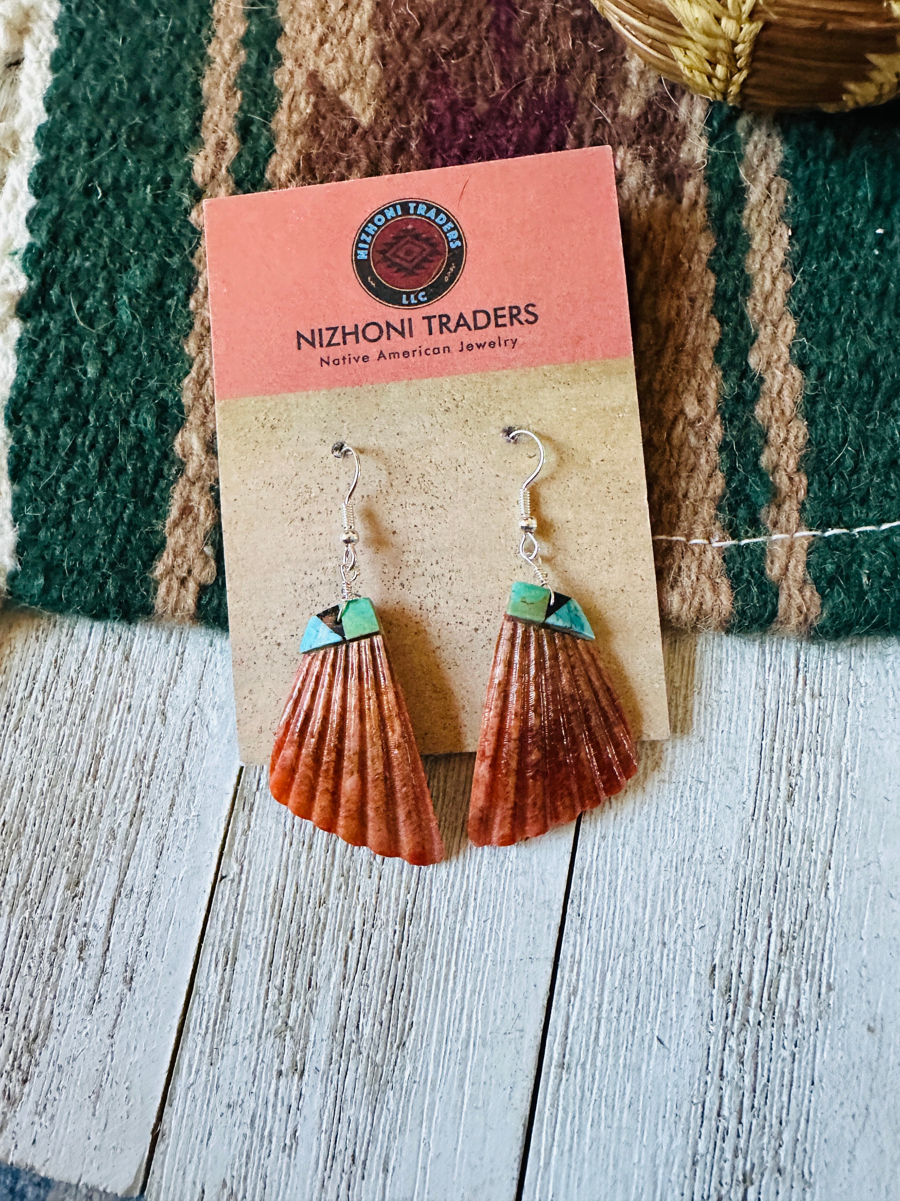 Santo Domingo Shell & Turquoise Feather Dangle Earrings