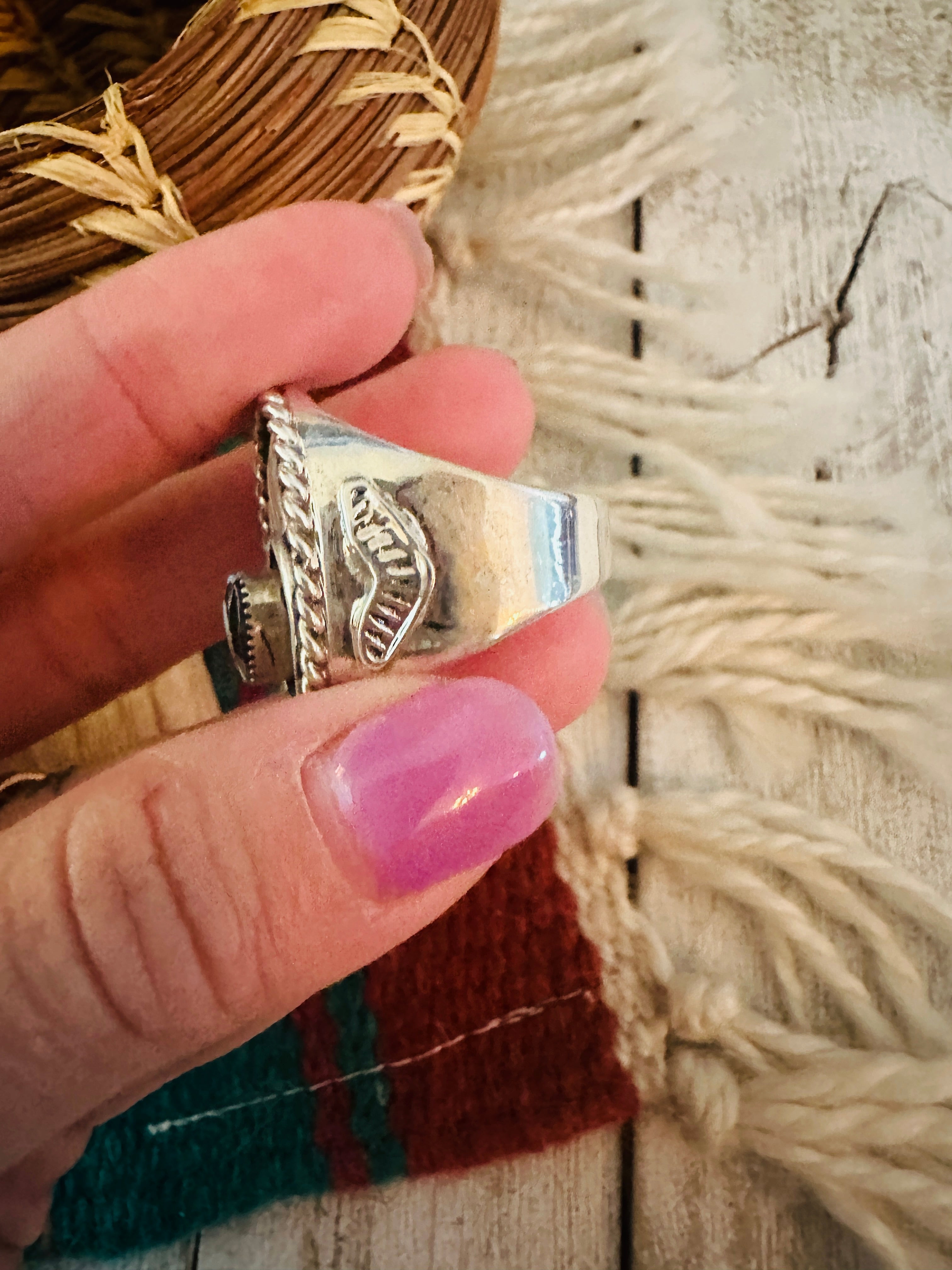 Navajo White Buffalo & Sterling Silver Bear Paw Cigar Band Ring Size 11