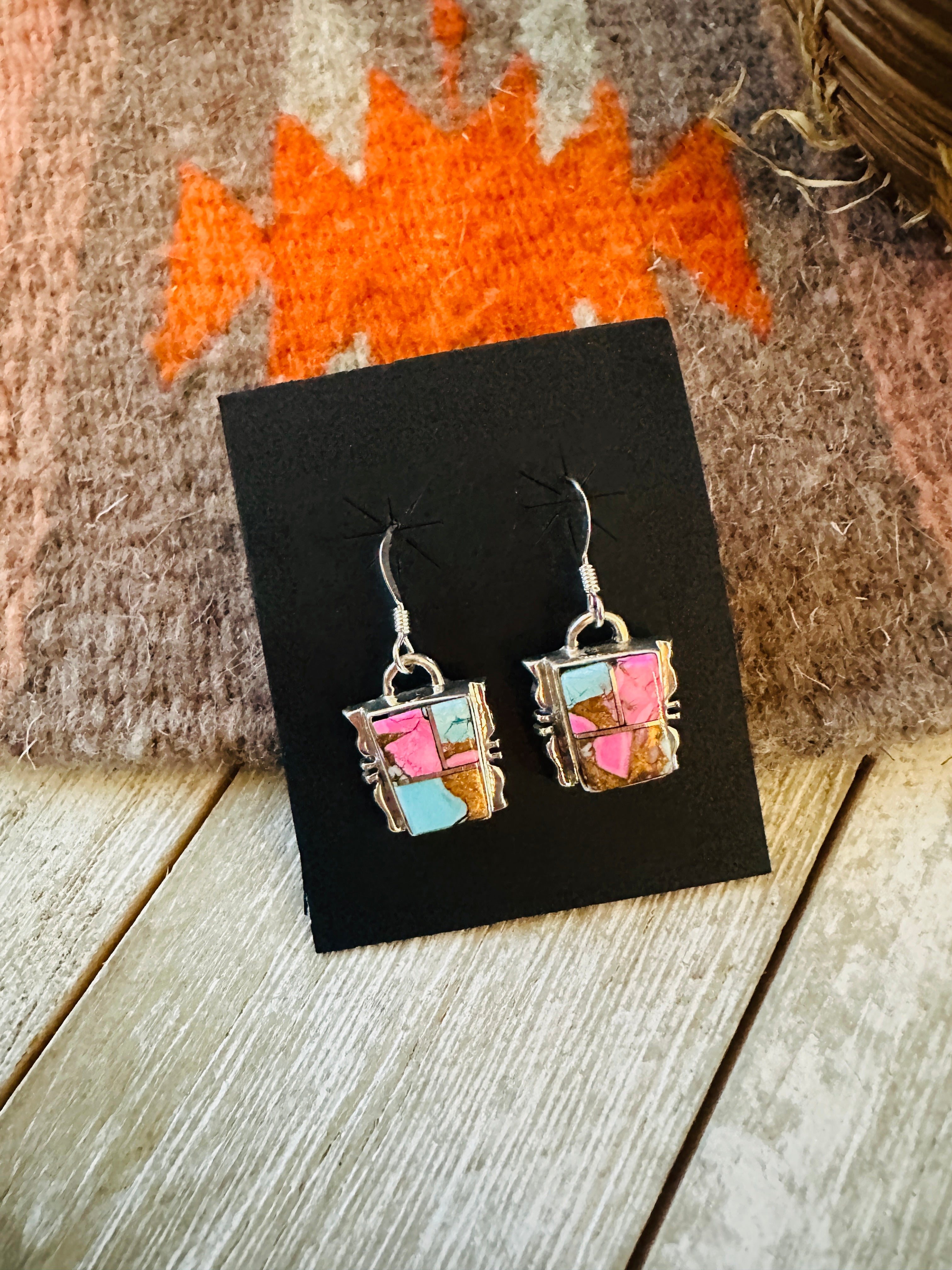 Handcrafted Cotton Candy and Sterling Silver Inlay Dangle Earrings