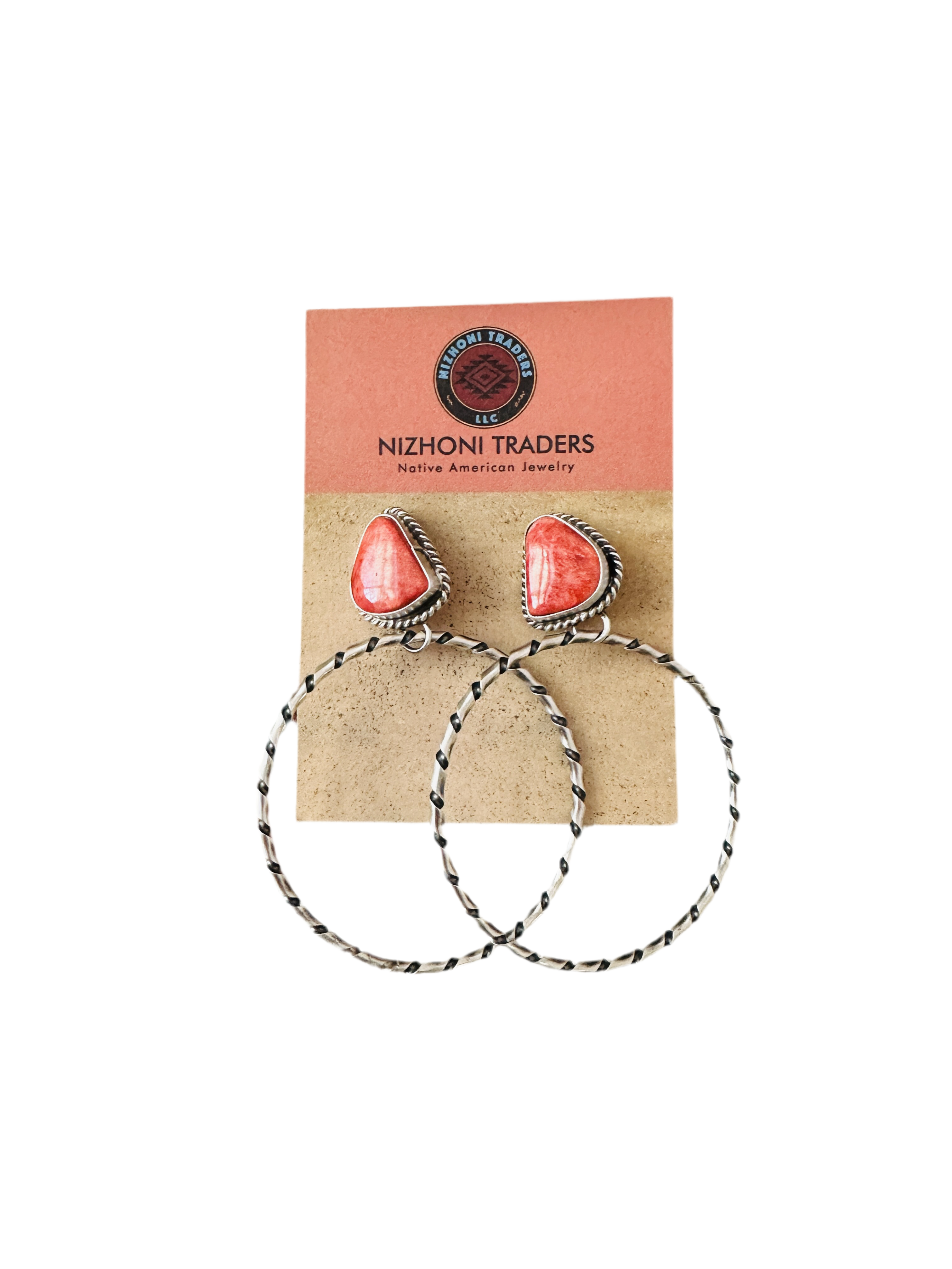 Navajo Orange Spiny and Sterling Silver Dangle Hoop Earrings