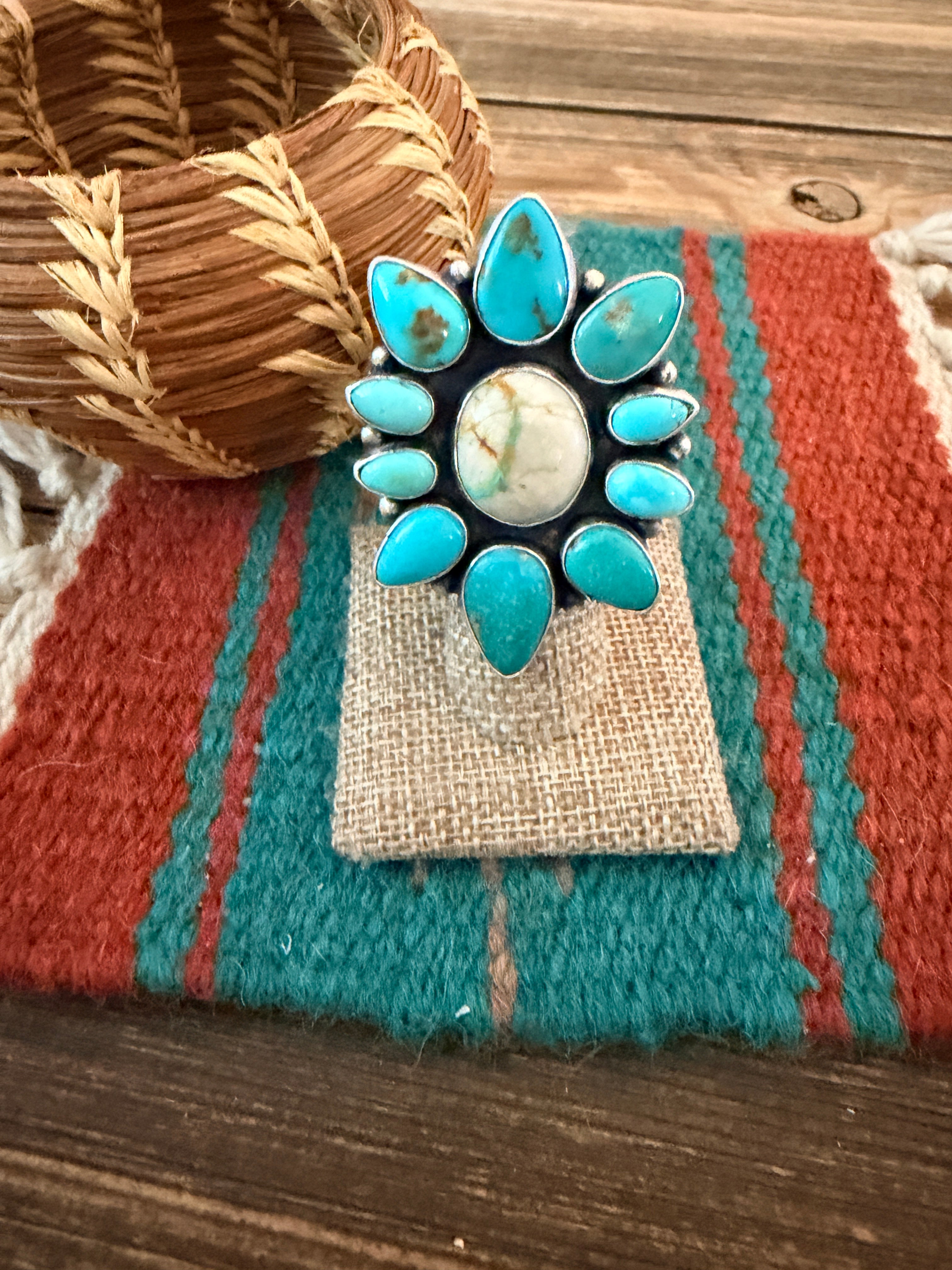 Handcrafted Multi Turquoise & Sterling Silver Ring Size 6 by Ella Peter