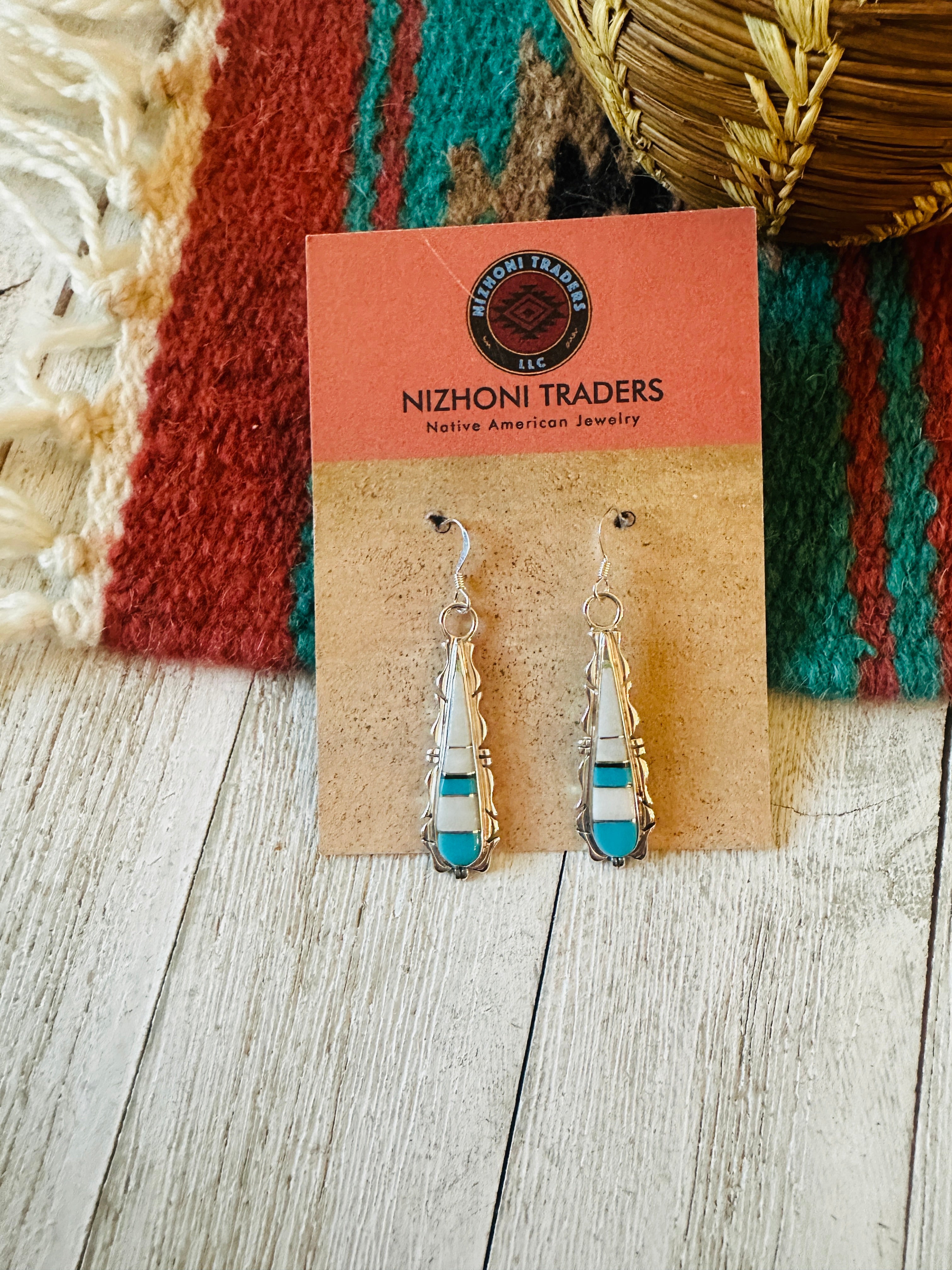 Navajo Sterling Silver & Multi Stone Inlay Dangle Earrings