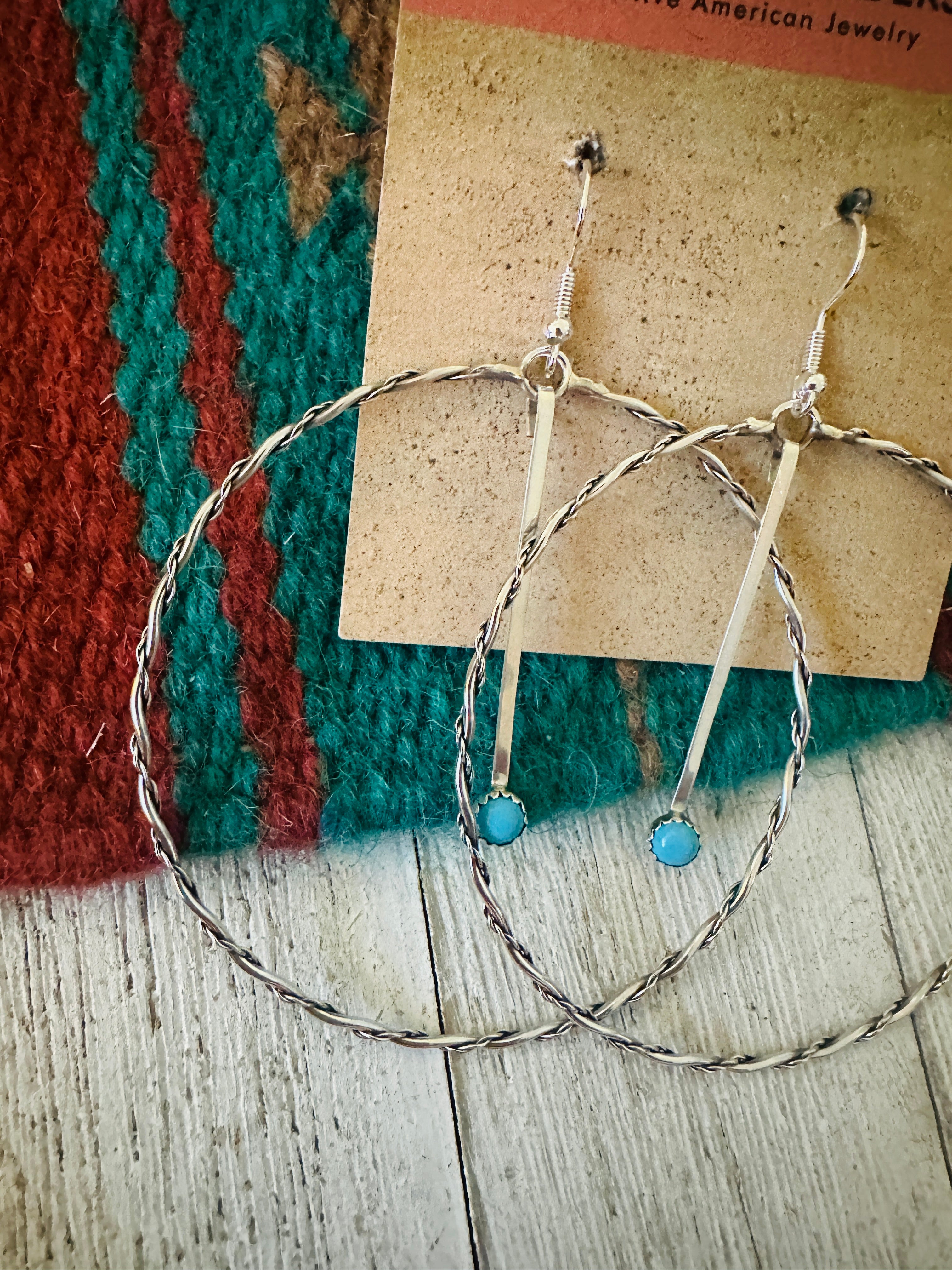 Navajo Sterling Silver & Turquoise Hoop Earrings