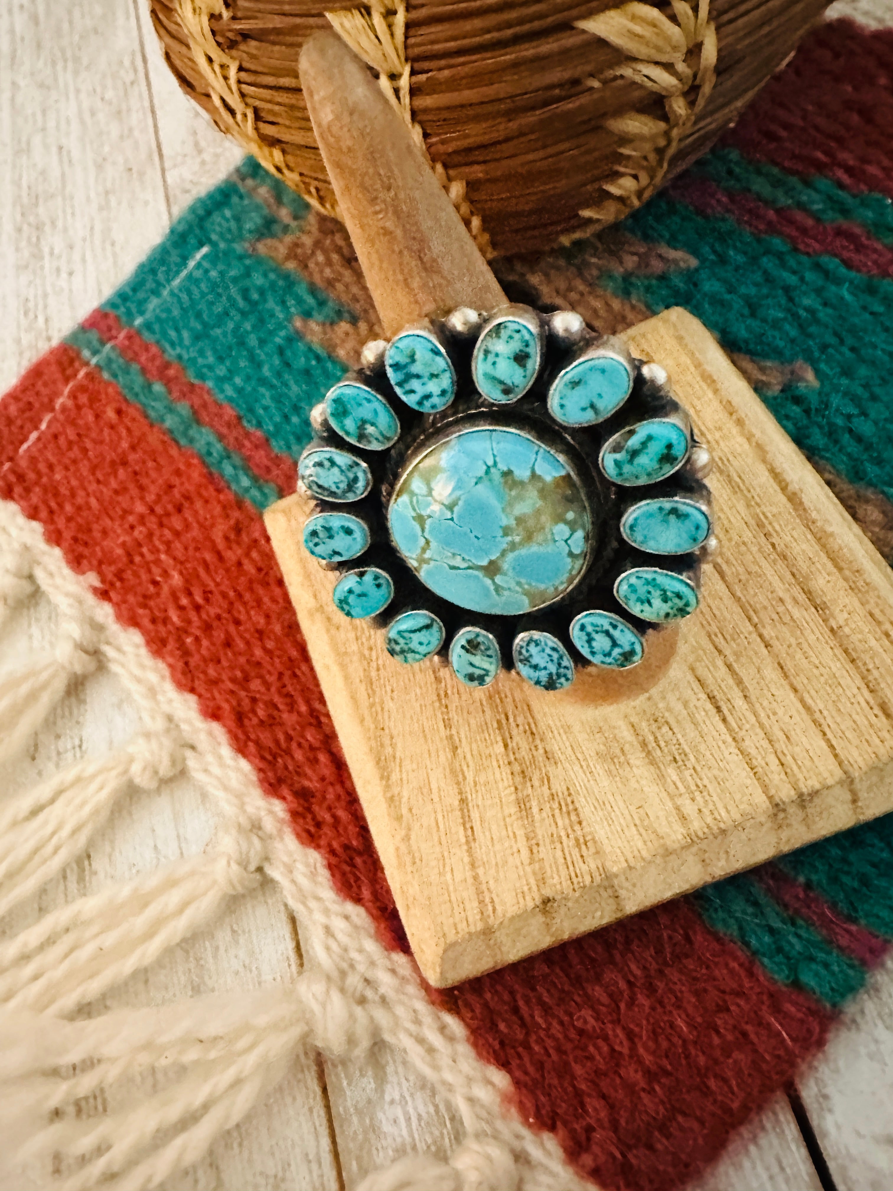 Navajo Turquoise & Sterling Silver Cluster Ring Size 7.25 by Ben Yellowhorse