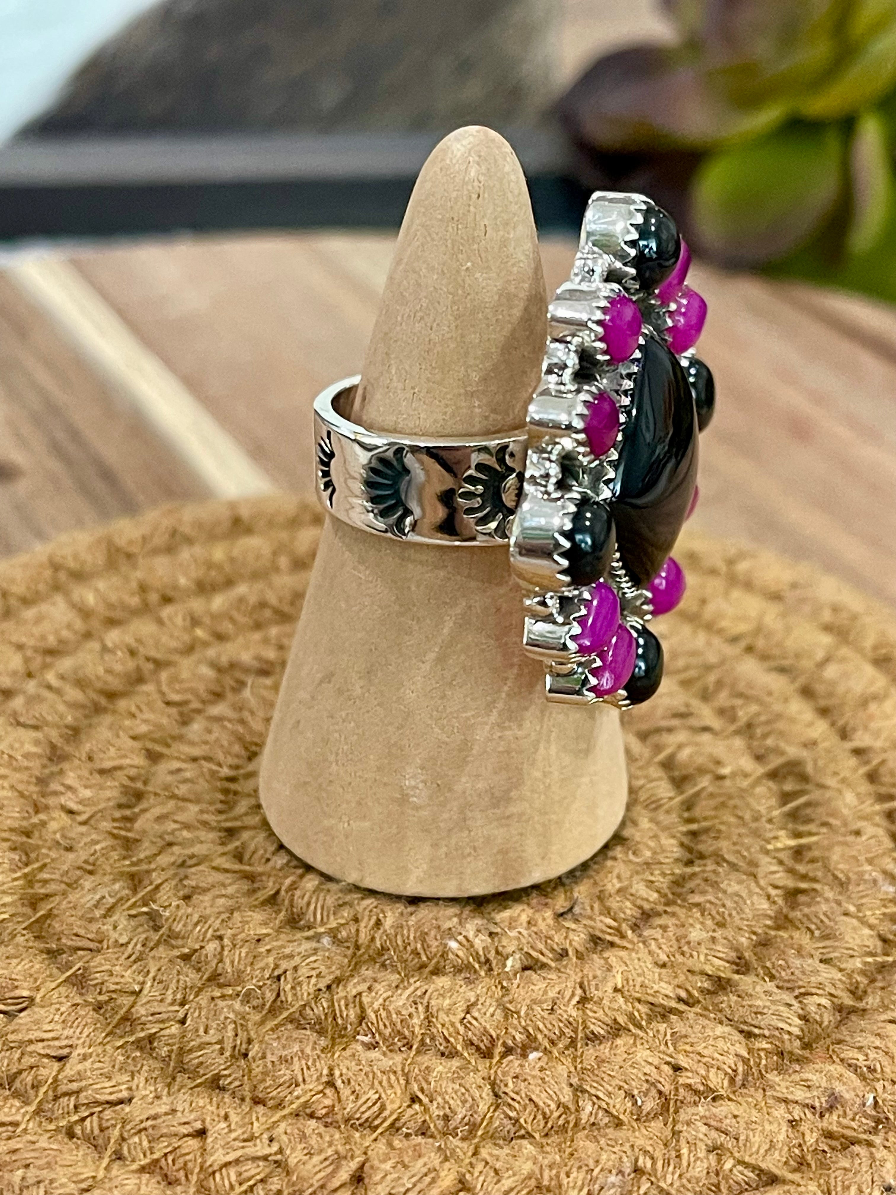 Handmade Sterling Silver, Onyx & Pink Onyx Cluster Adjustable Ring