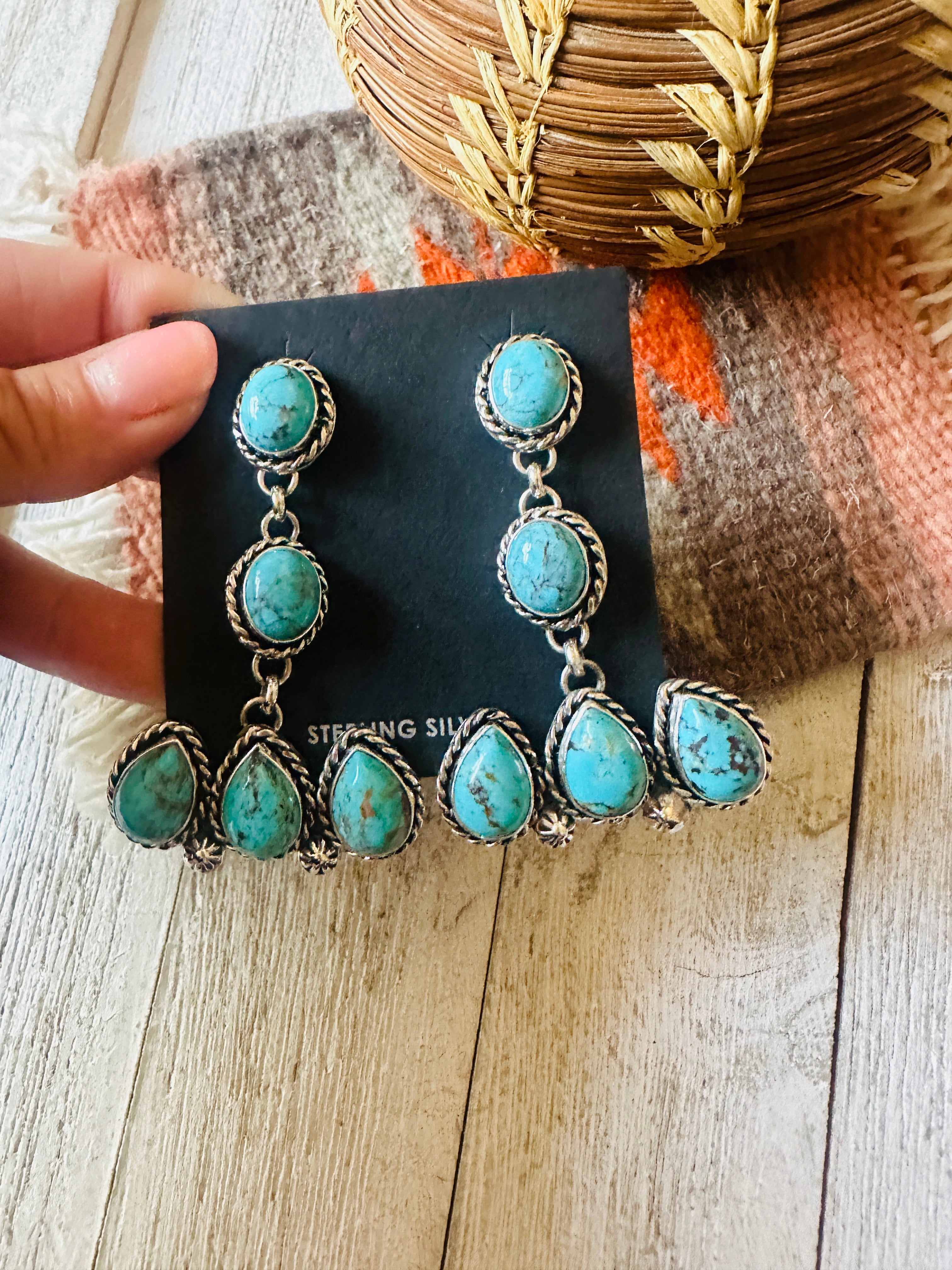 Navajo Turquoise And Sterling Silver Dangle Earrings