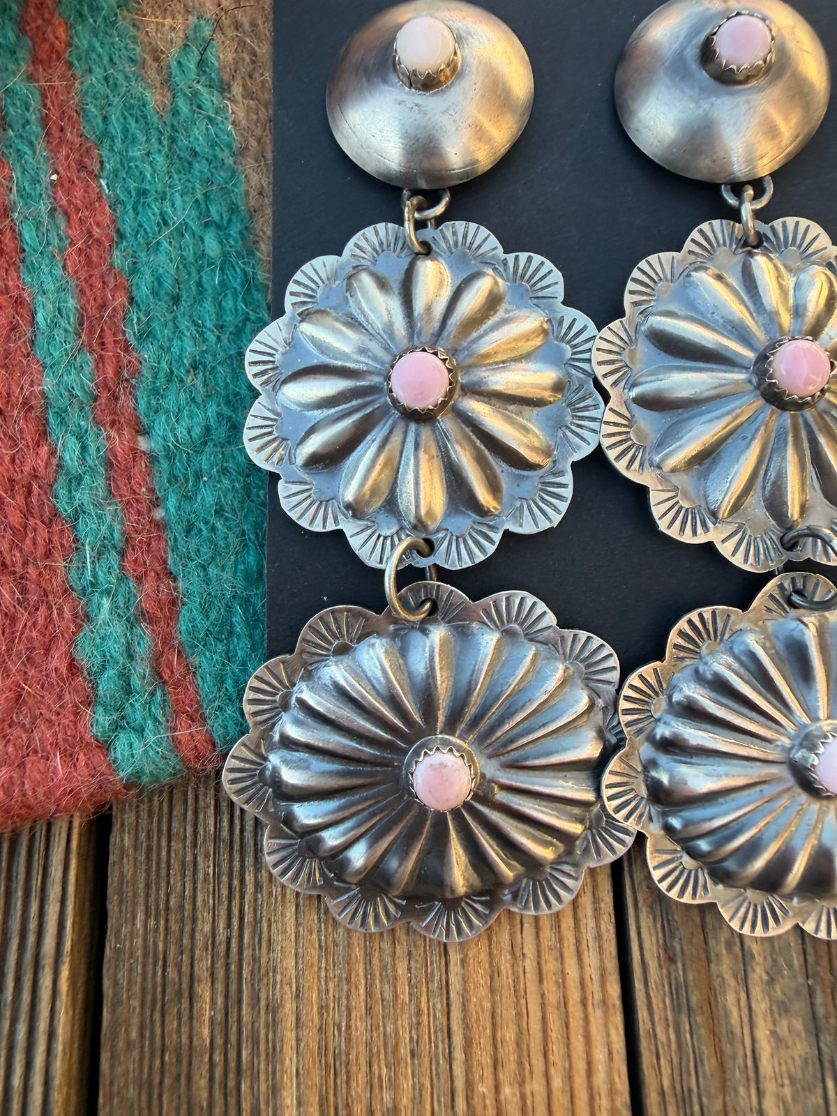 Handcrafted Queen Pink Conch & Sterling Silver Concho Dangle Earrings