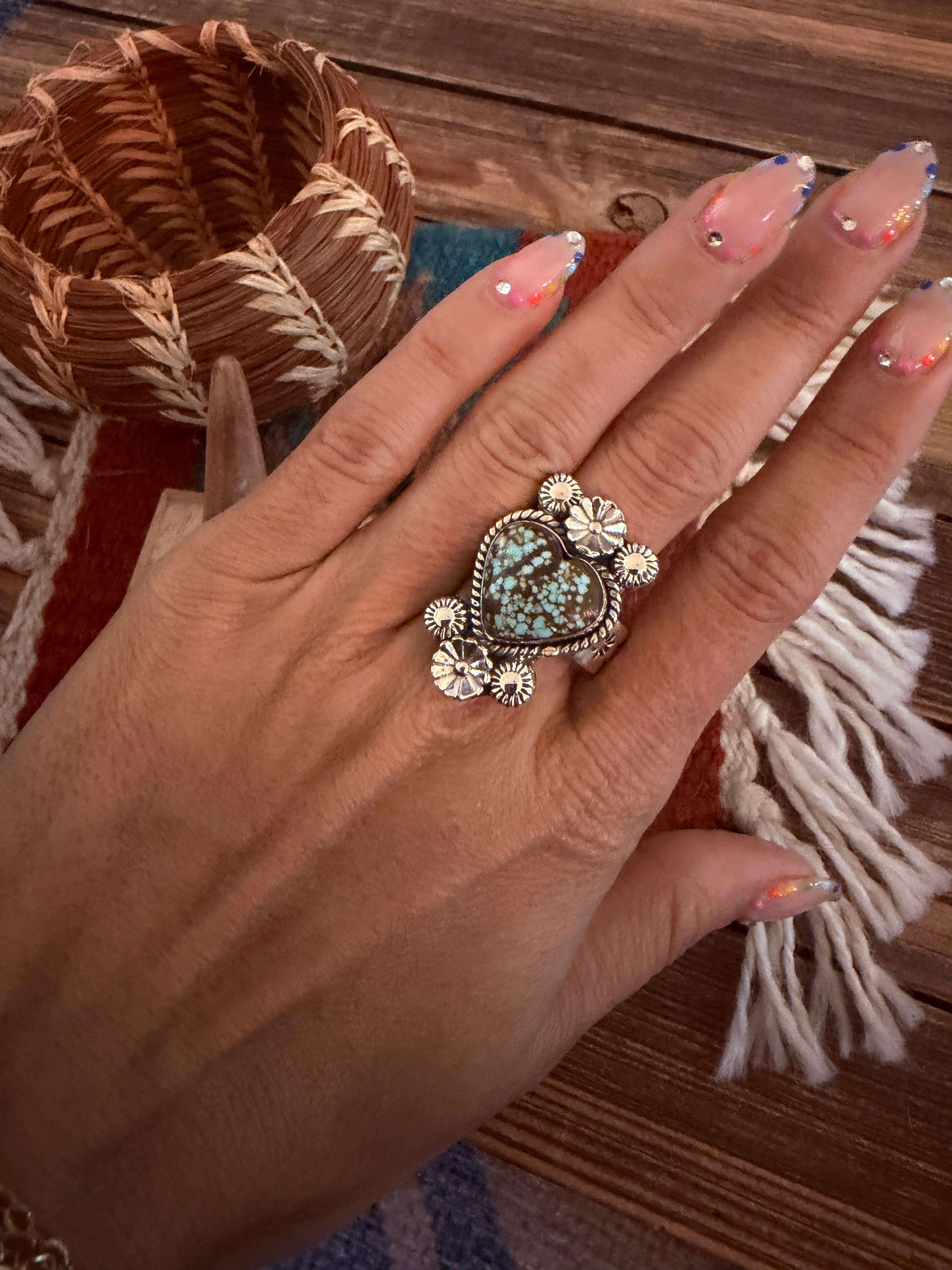 Handmade Sterling Silver Number 8 Turquoise Adjustable Heart Ring Signed Nizhoni