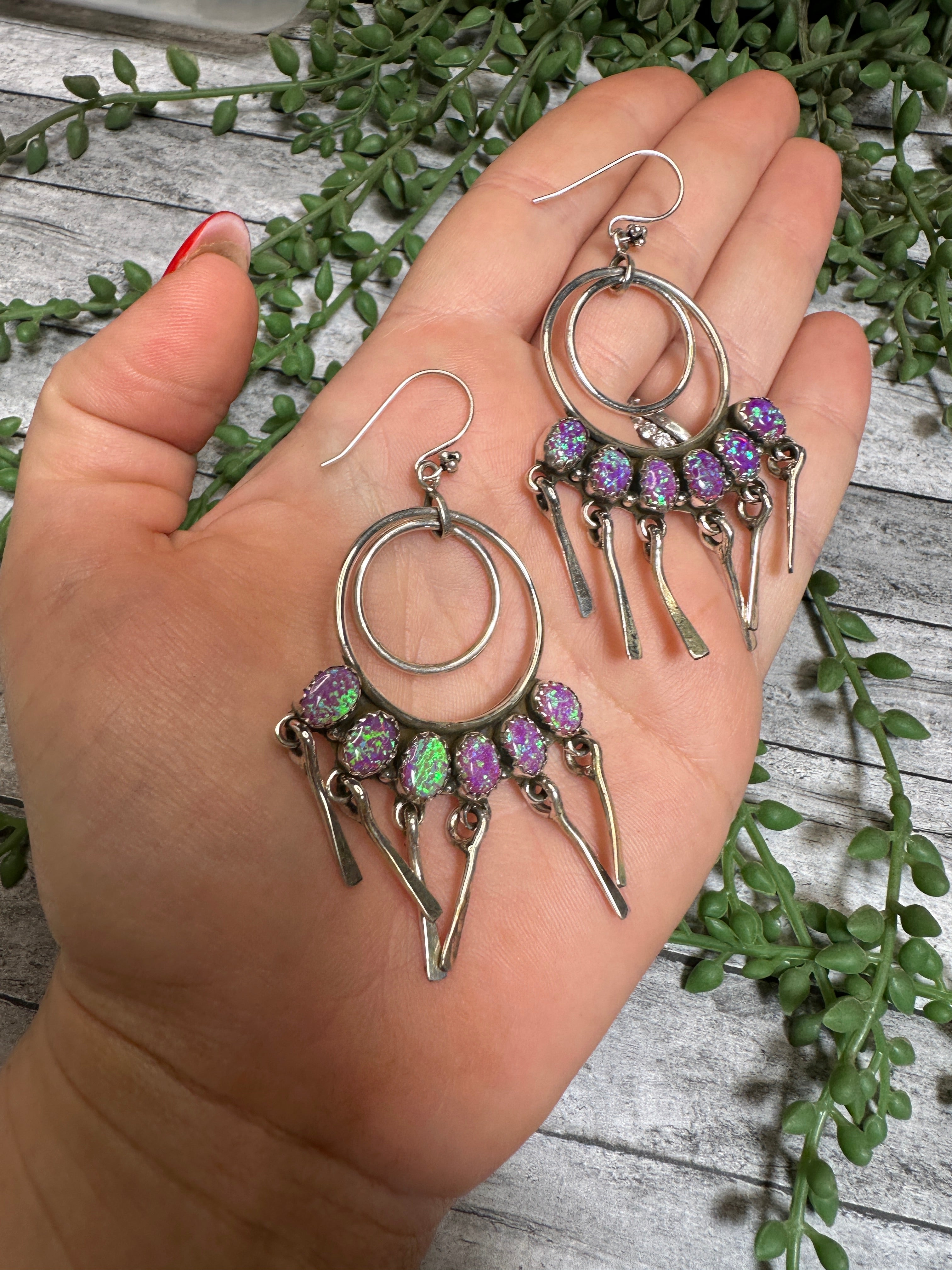 Handmade Purple Fire Opal and Sterling Silver Double Hoop Dangles