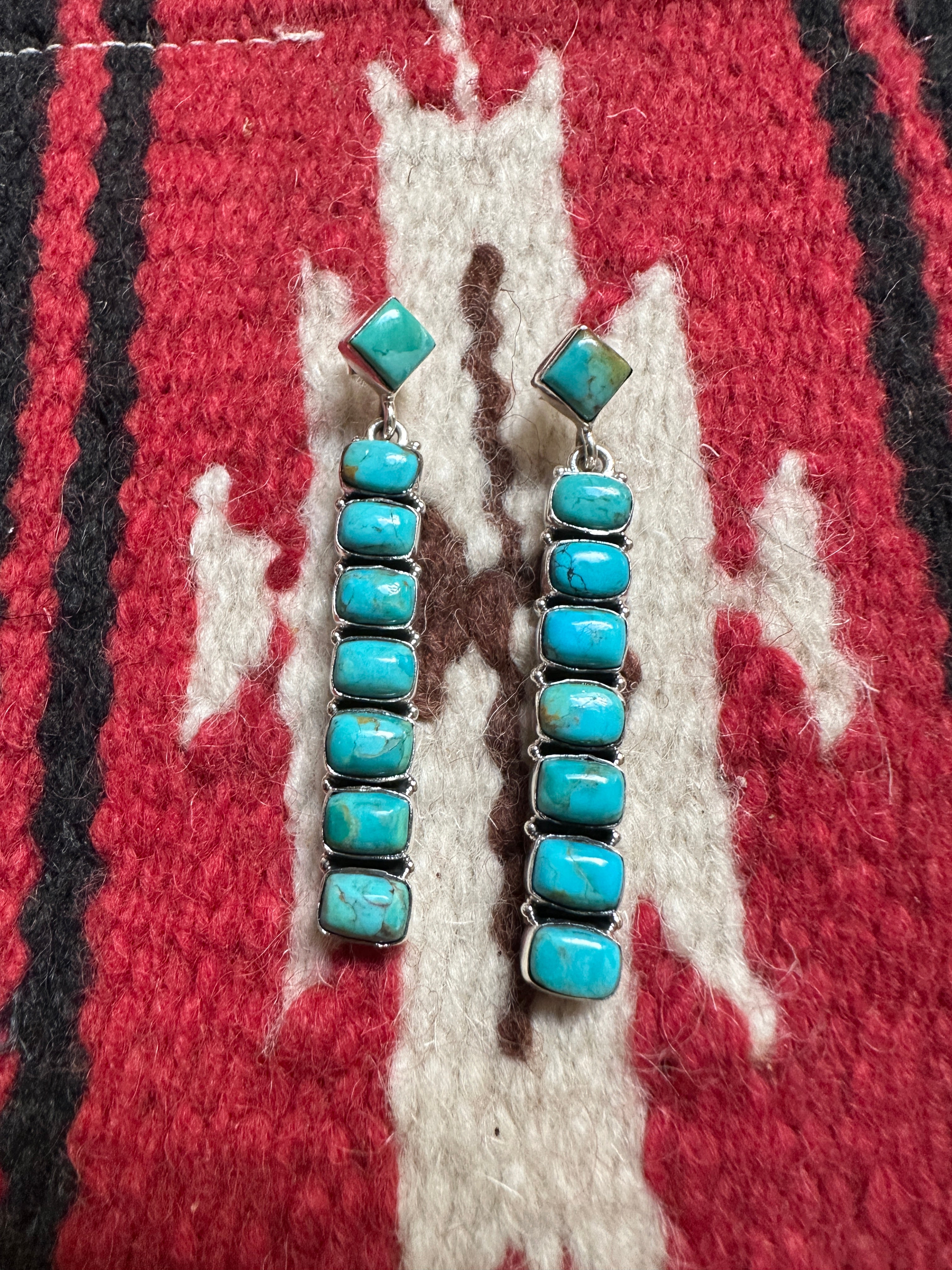 Handmade Turquoise & Sterling Silver Post Dangle Rectangle Earrings