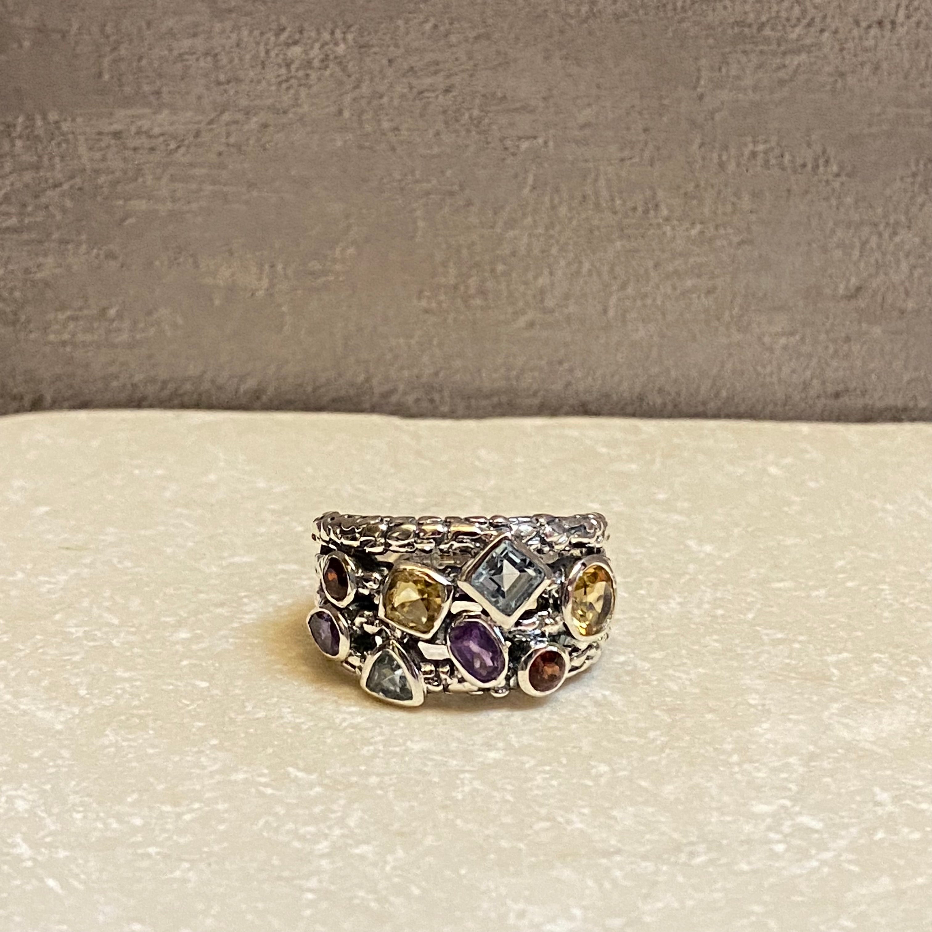 Sterling Silver Amethyst, Blue Topaz, Citrine, & Garnet Ring Size 7.5