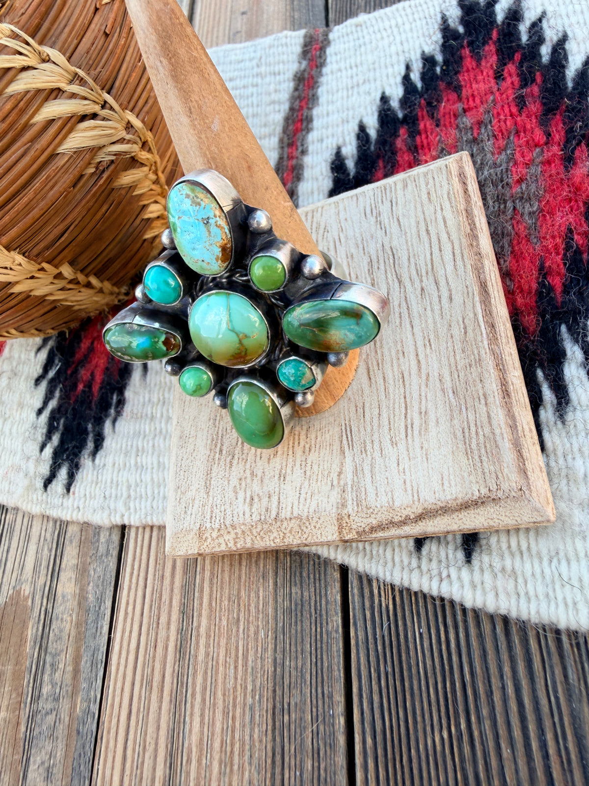 Handcrafted Turquoise & Sterling Silver Cluster Adjustable Ring