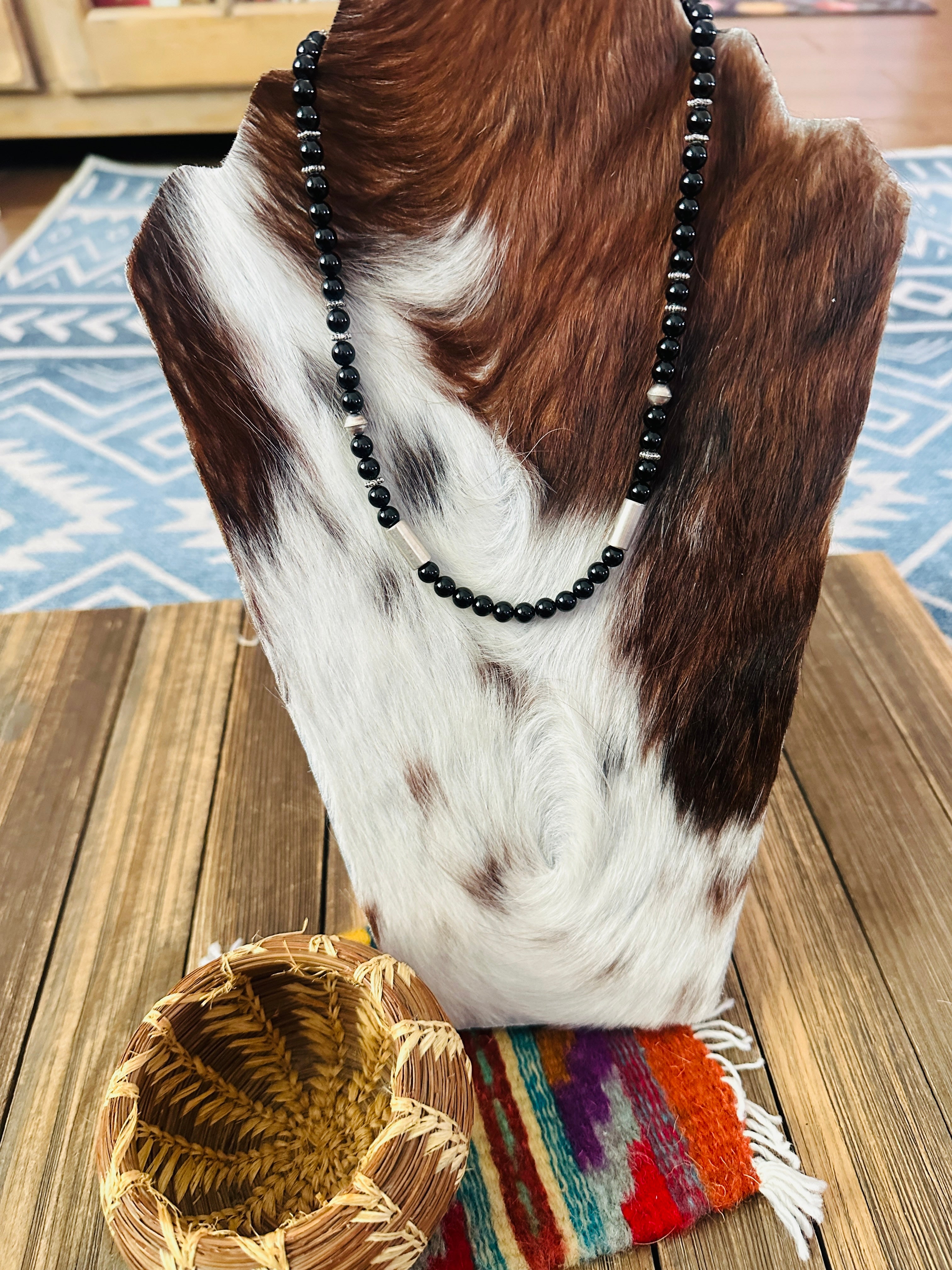 Handcrafted Black Onyx & Sterling Silver Beaded 18” Necklace by T & R Singer