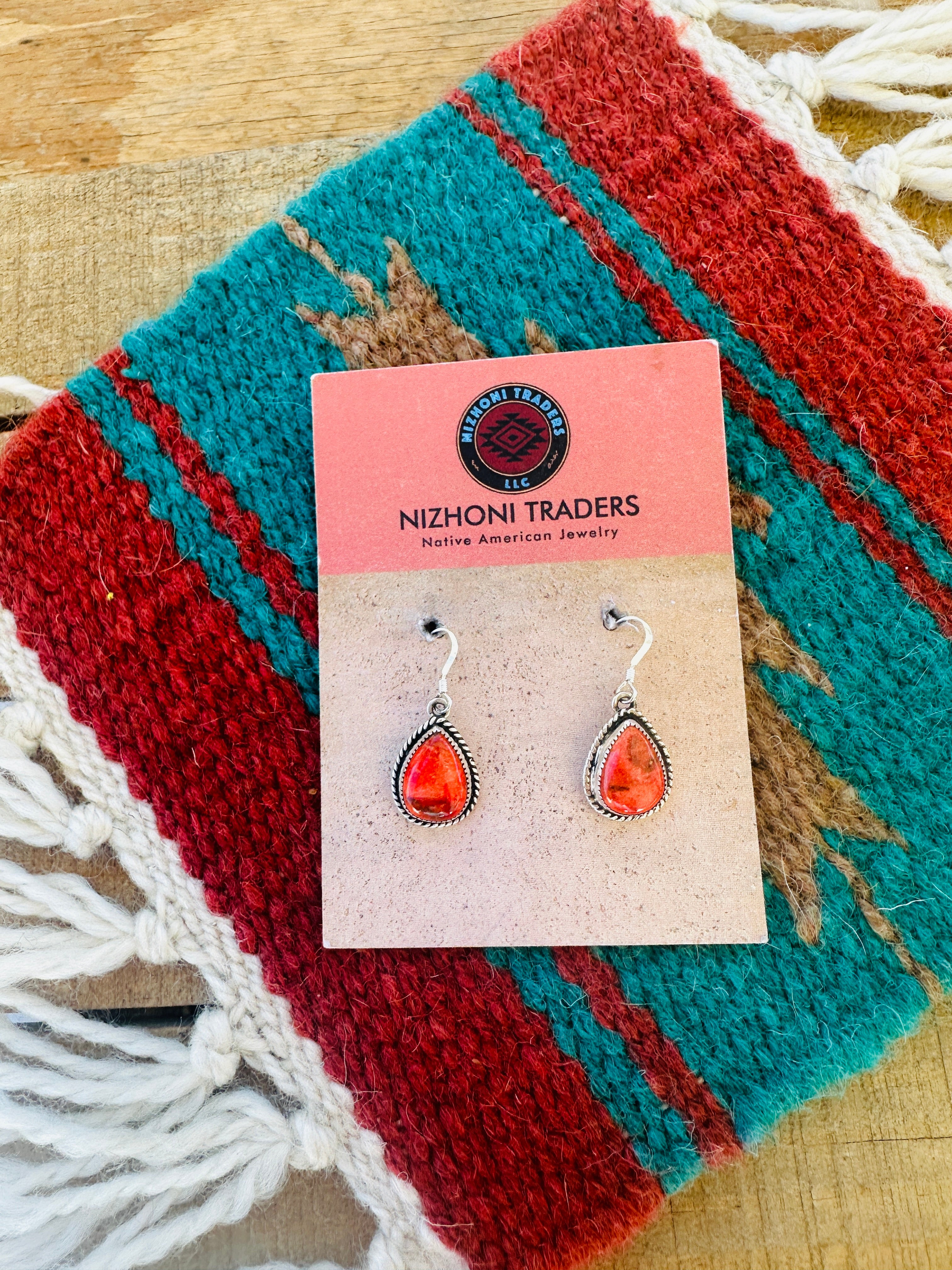 Navajo Sterling Silver Apple Coral Teardrop Earrings