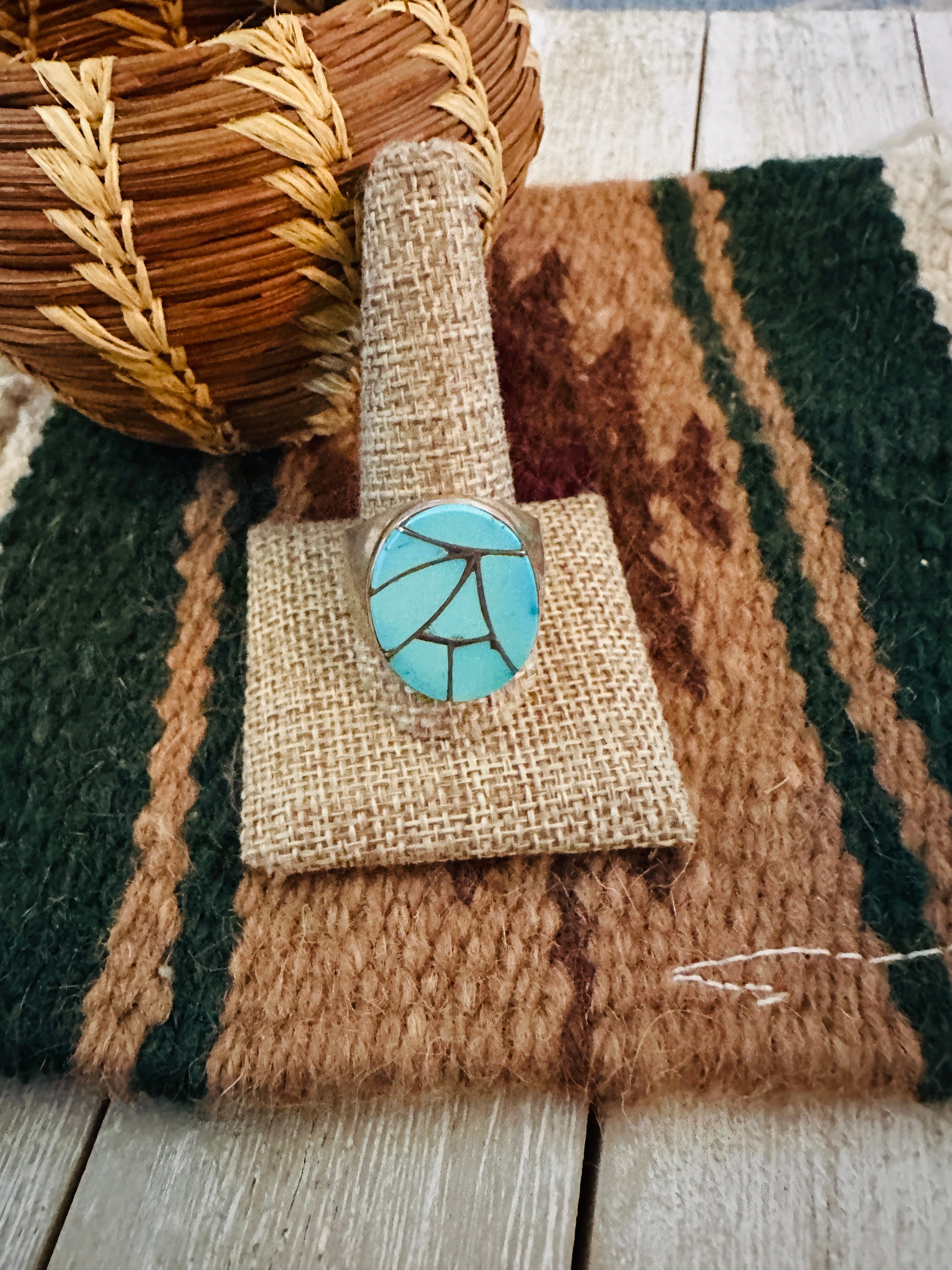 Old Pawn Handcrafted Turquoise & Sterling Silver Inlay Ring Size 12.5