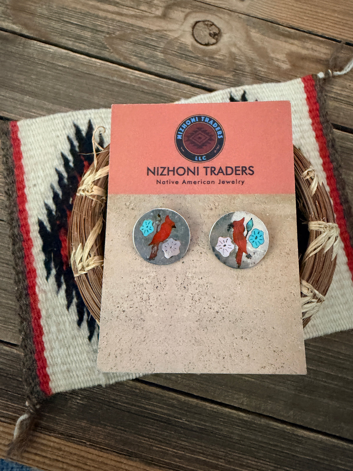 Old Pawn Handcrafted Sterling Silver & Multi Stone Inlay Cardinal Stud Earrings