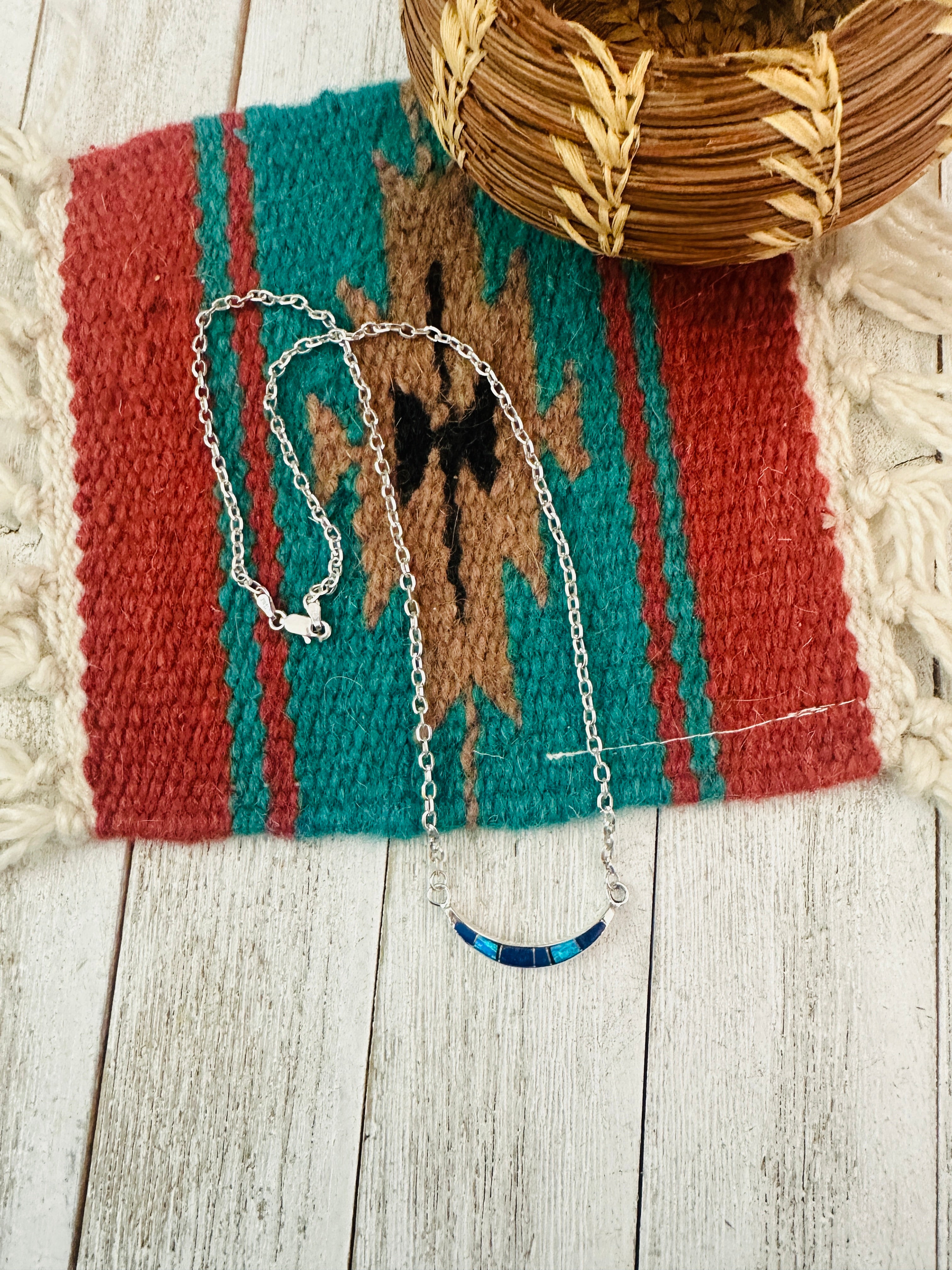 Navajo Sterling Silver, Lapis & Opal Inlay Crescent Necklace