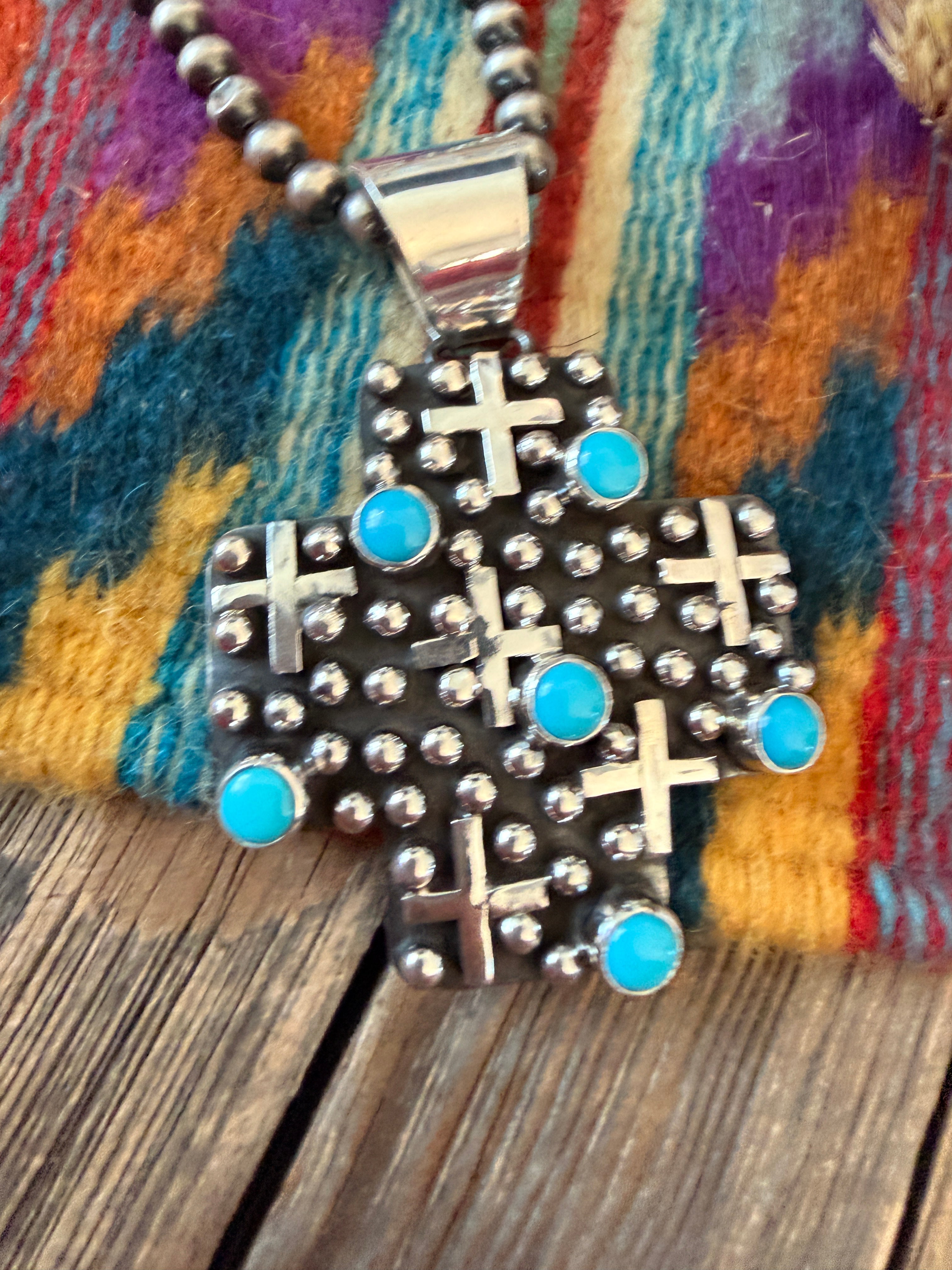 Handcrafted Turquoise & Sterling Silver Cross Pendant by Geneva Apachito