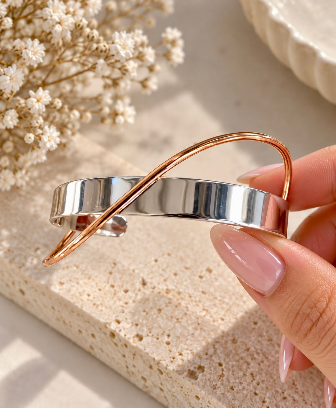 Sterling Silver Cuff Bracelet with Copper Ribbon