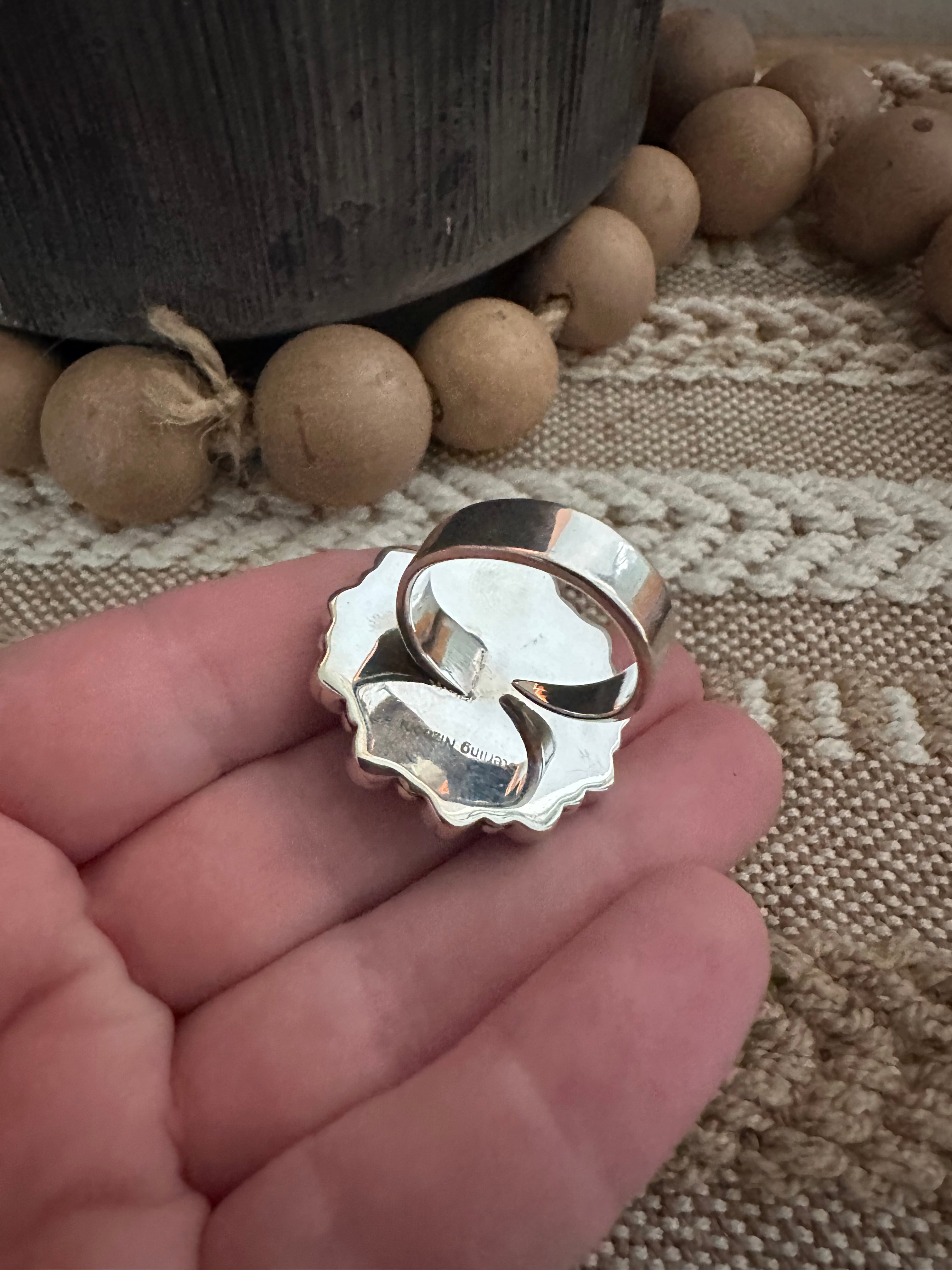 Beautiful Handmade Orange Spiny, Mother of Pearl And Sterling Silver Adjustable Ring