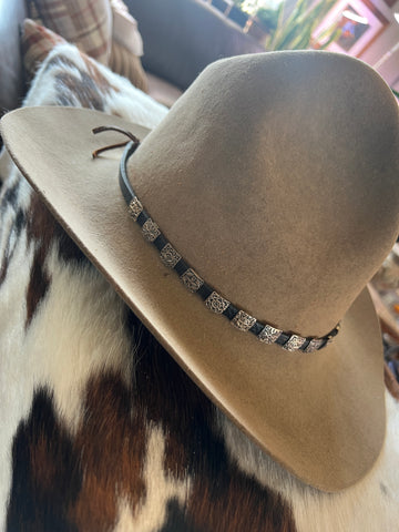 Leather and Sterling Silver Concho Slide Hat Band, Black Leather