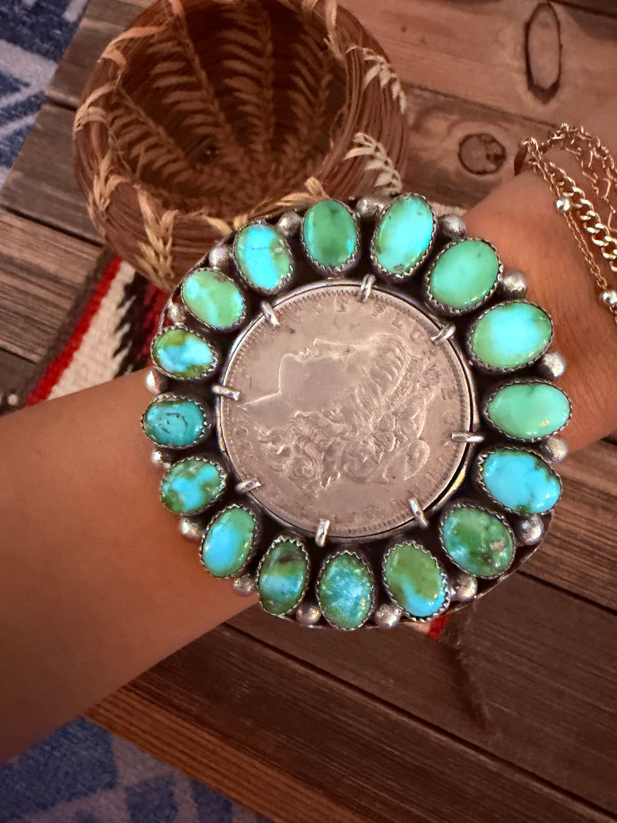 Handcrafted Sonoran Mountain Turquoise & Sterling Silver Coin Cuff Bracelet by Mike Thomas Jr