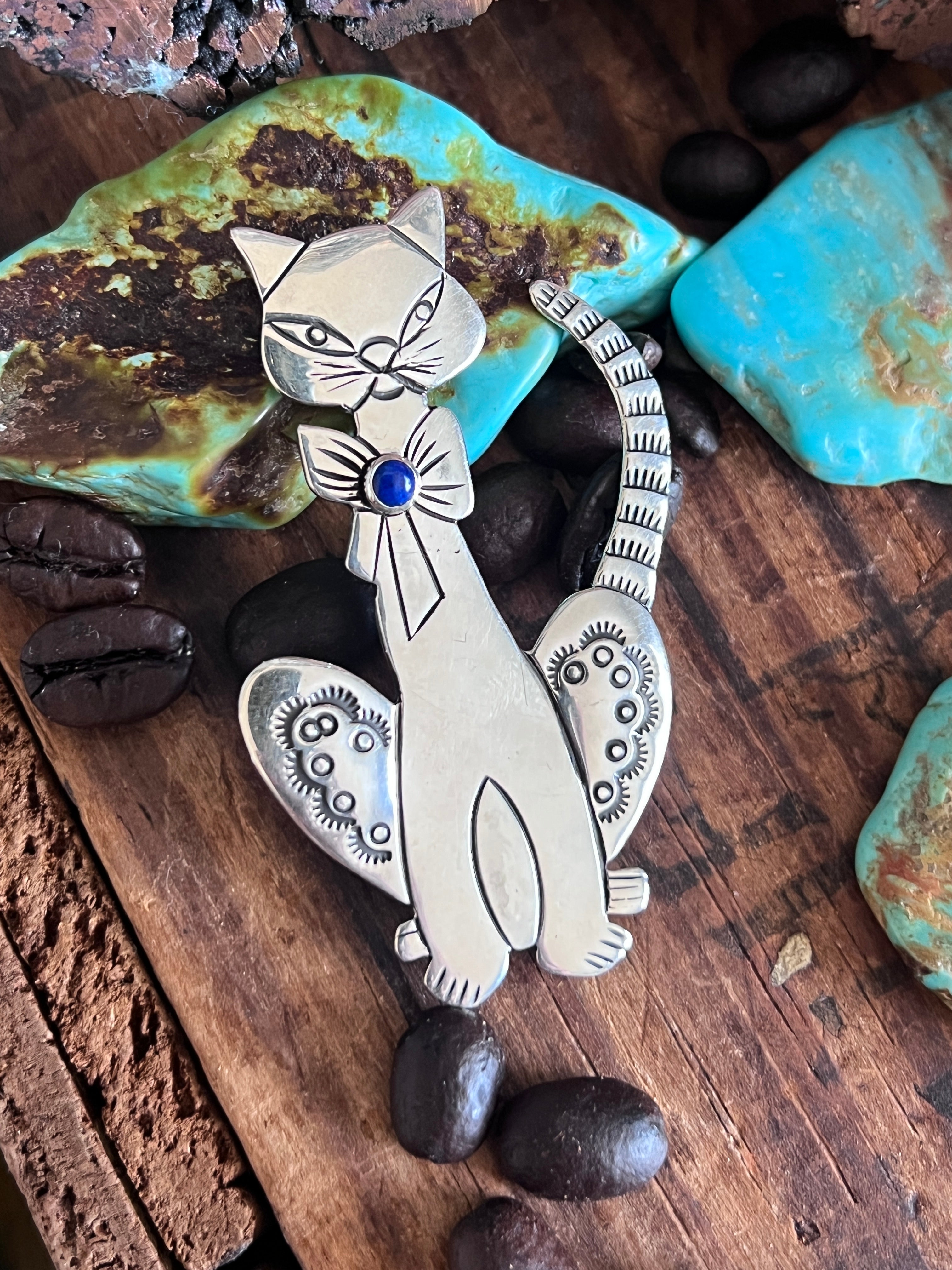 Hand Stamped Sterling Silver and Lapis Cat Brooch by Raymond Coriz
