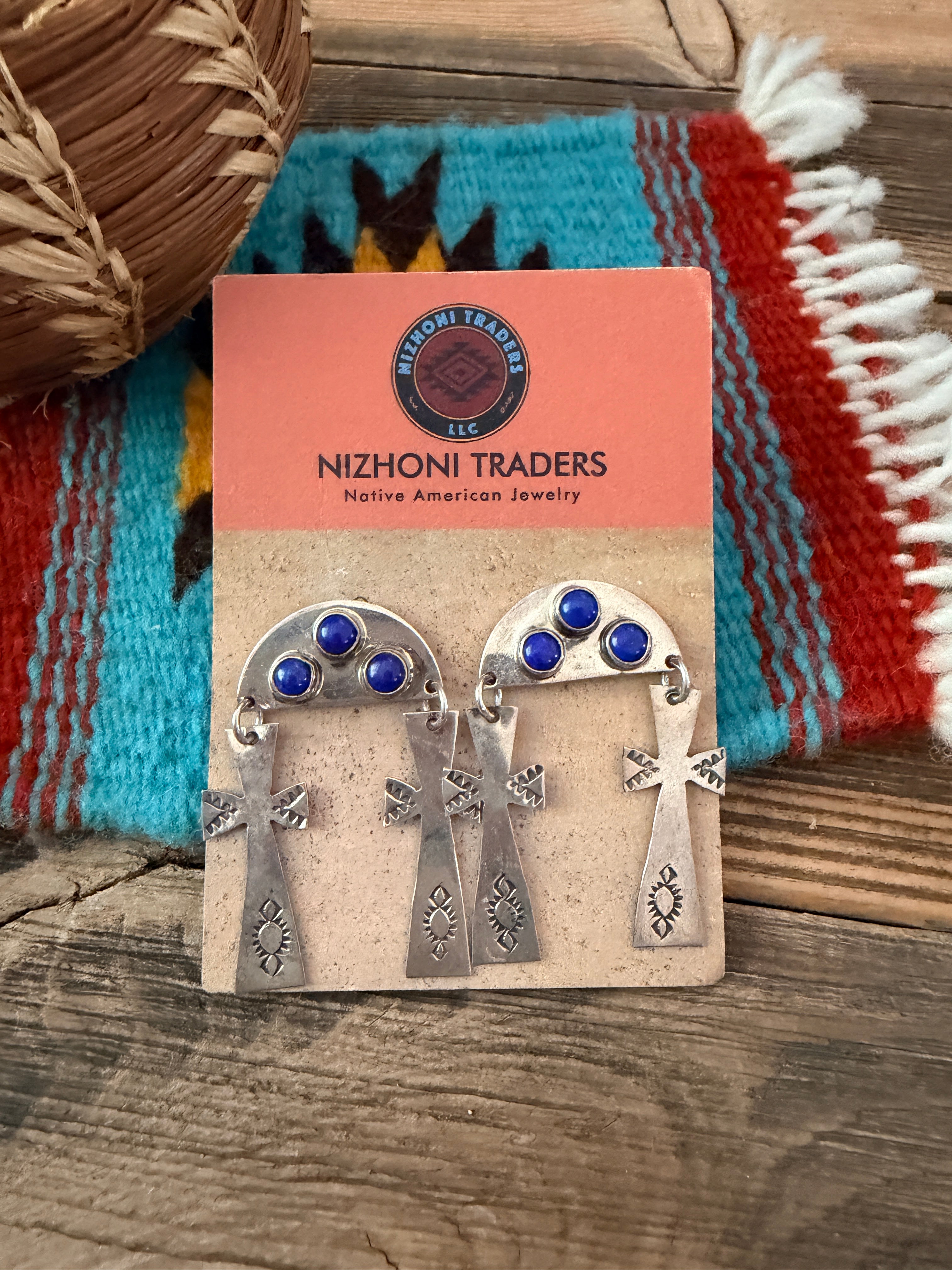 Old Pawn Handcrafted Sterling Silver & Lapis Cross Dangle Earrings