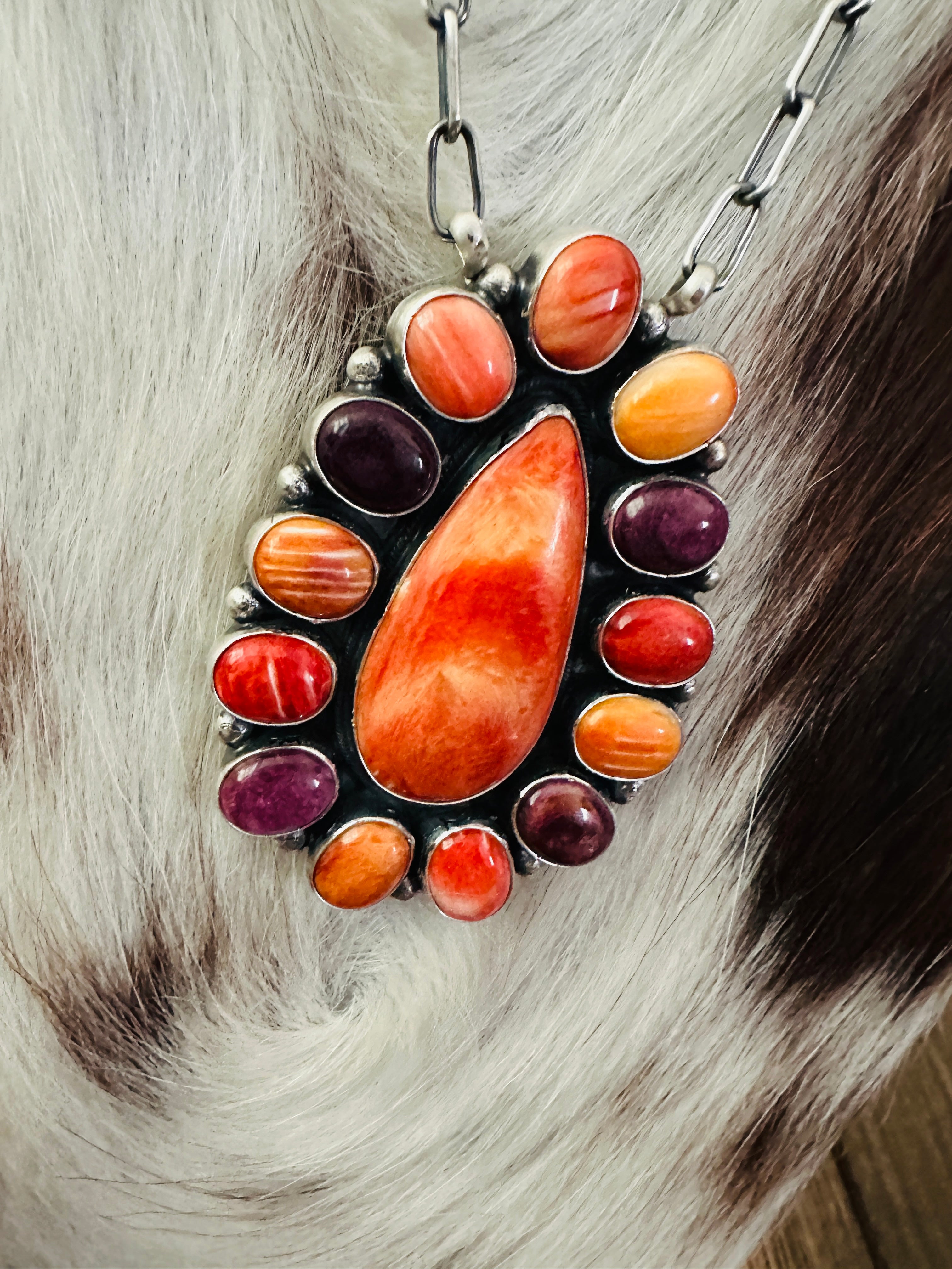 Handcrafted Multicolor Spiny Oyster & Sterling Silver Cluster Necklace by Sheila Becenti