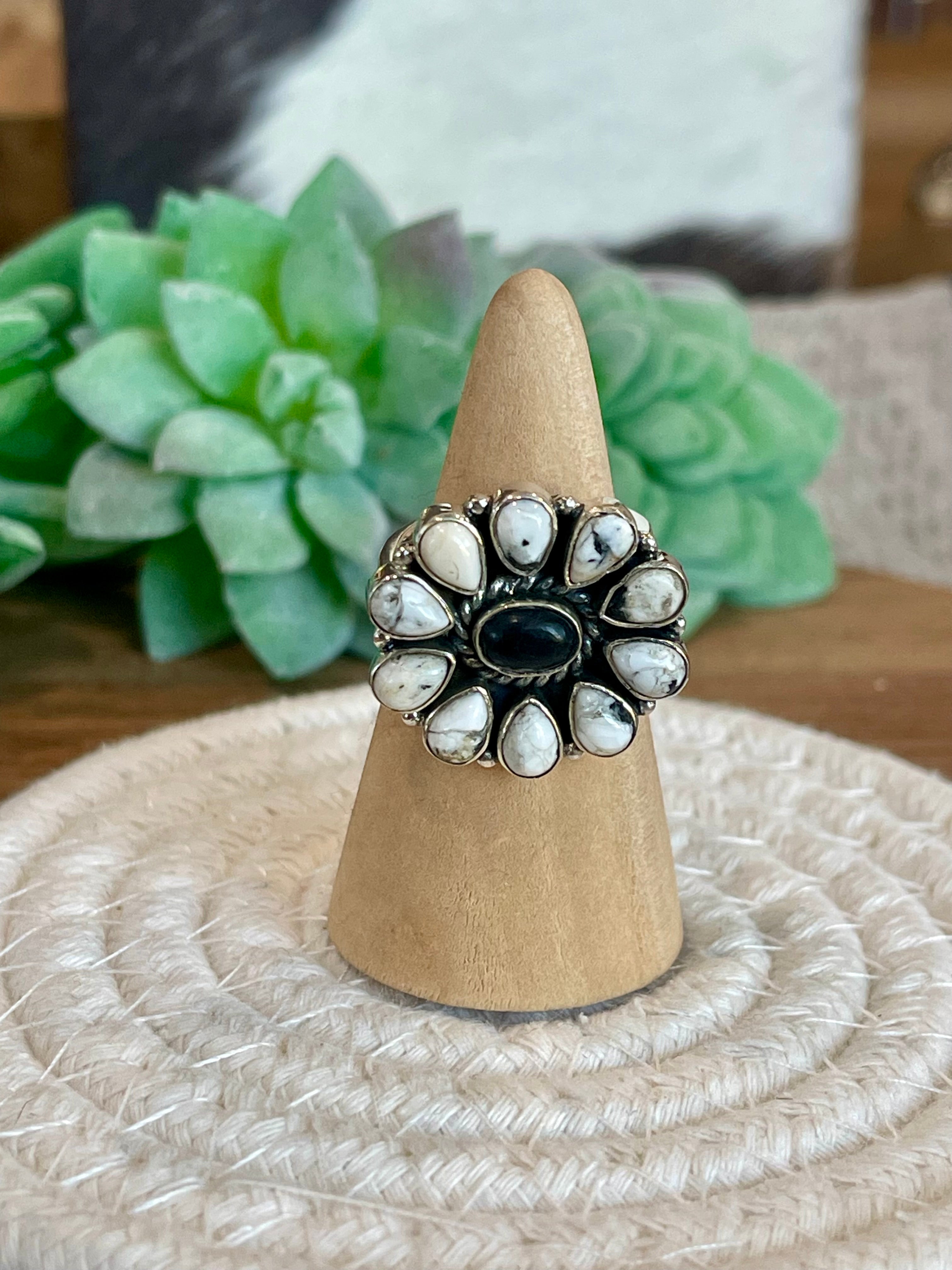 Beautiful Handmade White Buffalo And Sterling Silver Adjustable Cluster Ring